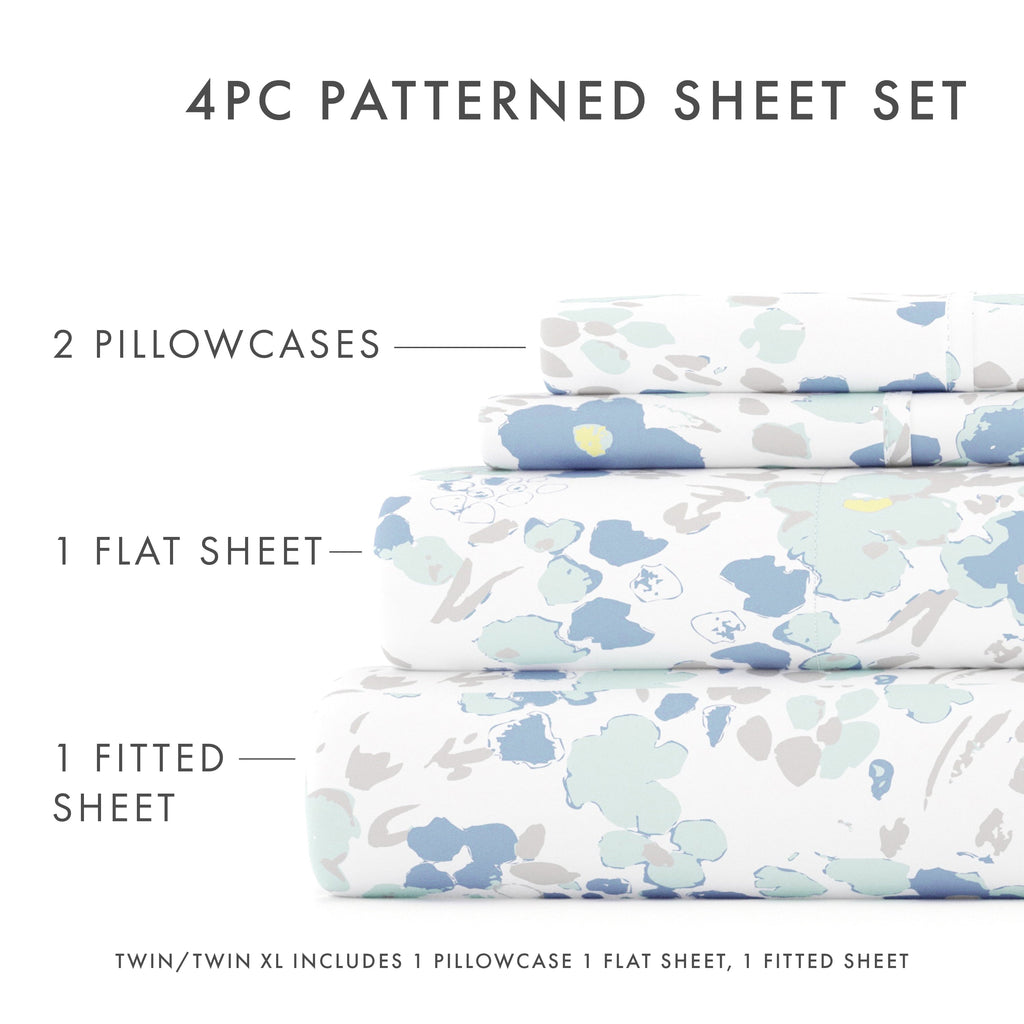 Wrinkle-Resistant 4 Piece Pattern Microfiber Bed Sheets Set, Light Blue Violets, Full - Cooling Hotel Quality Bedding Sheets and Pillowcases Detail