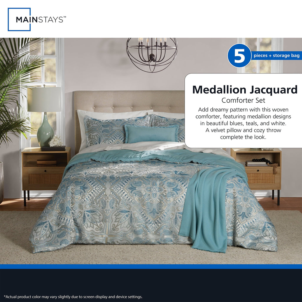 Heavyweight Warmth Full/Queen Comforter Set, All-Season, 5-Piece, Teal Jacquard Medallion - Luxurious Quilted Duvet Cover Set Detail