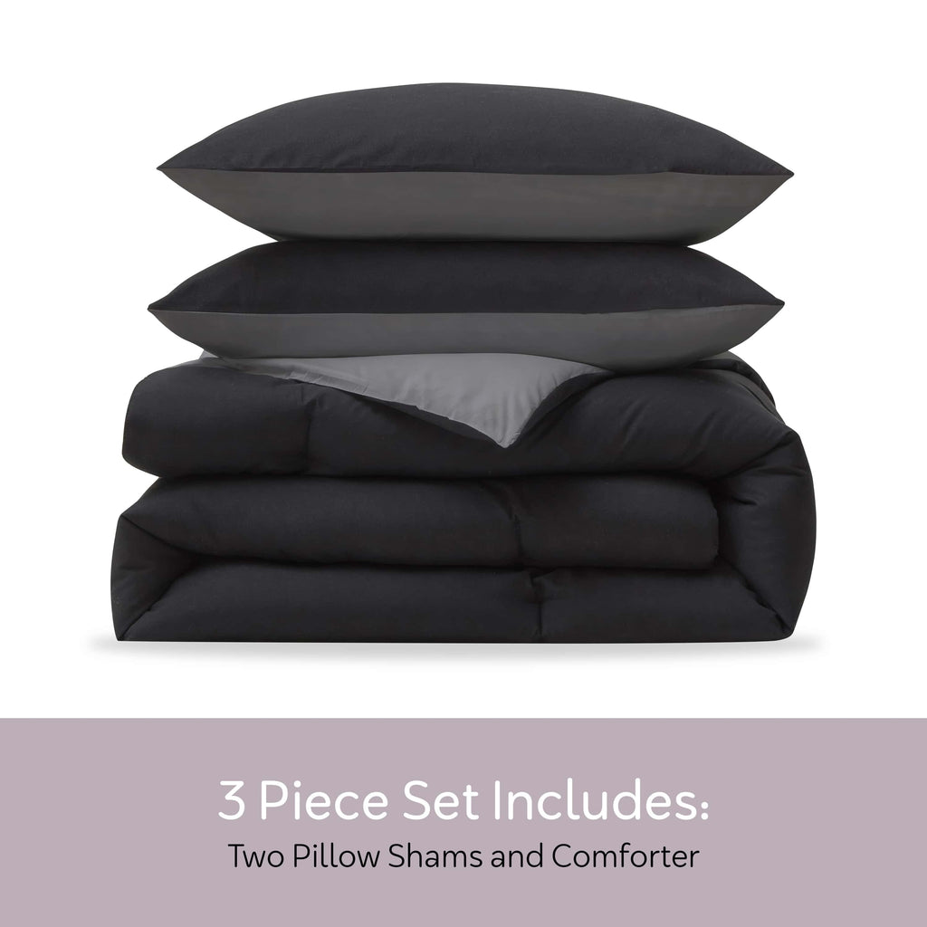 Heavyweight Warmth Comforter Sets, All Season Lightweight Reversible Queen Comforter Set, 3-Pc Bedding Sets, Black/Charcoal gray - Luxurious Quilted Duvet Cover Set Detail