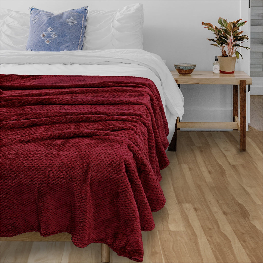 Reversible Sherpa Maroon Red Throw Blanket for Couch, Twin Bed, Soft Fleece Throws for Sofa Chair, Fuzzy Waffle Textured Blanket, Cozy ... - Lightweight Plush Warm Blanket for All Seasons Detail