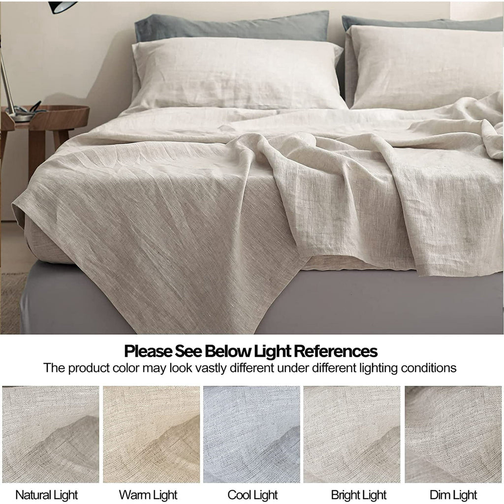 Breathable Luxury 100% Linen Sheet Set Solid Color-4 Pcs Washed French Linen Bed Sheets(1 Flat Sheet,1 Fitted Sheet,2 Pillowcases)-Brea... - Premium Ultra-Soft Pillowcase Pair for Sleeping Detail