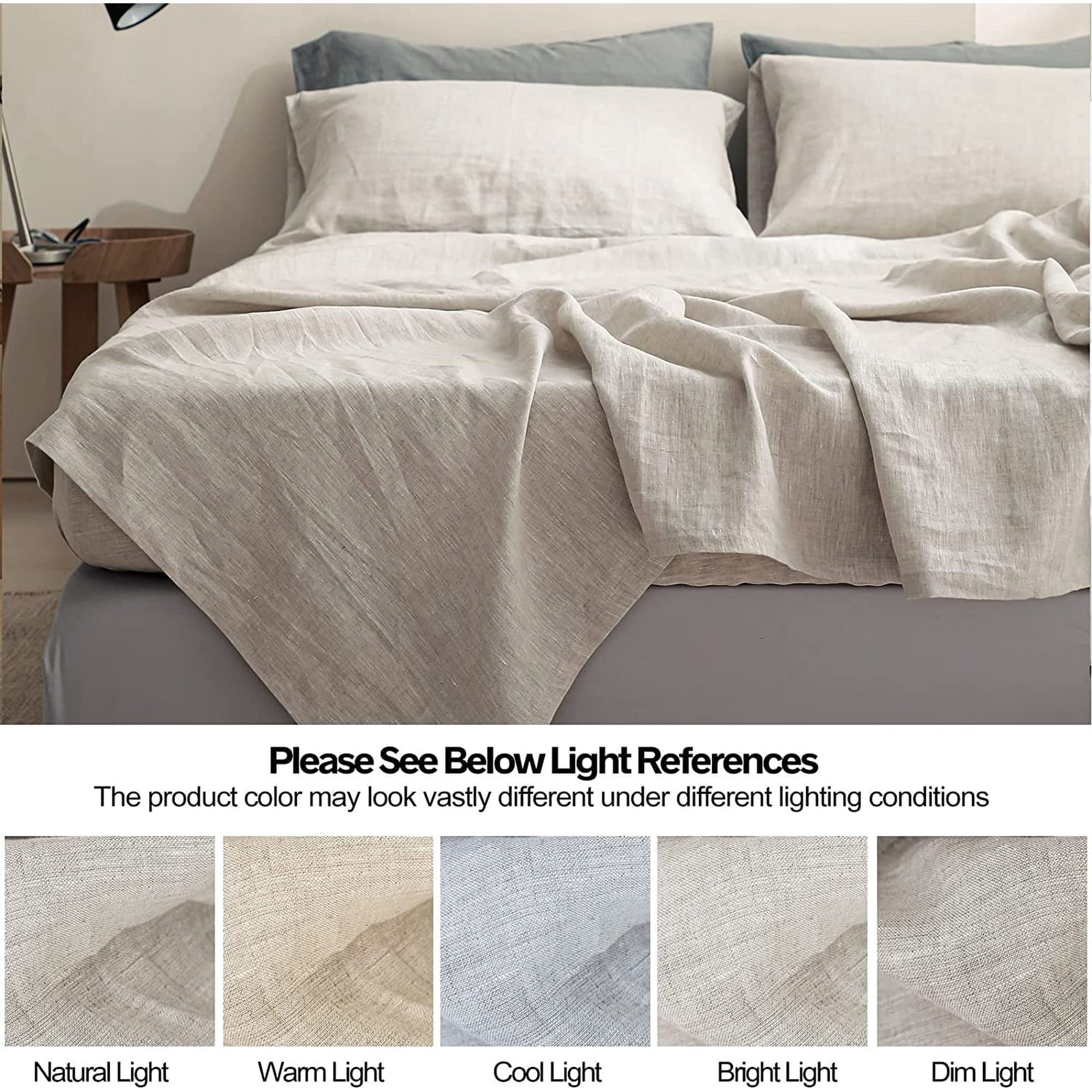 Breathable Luxury 100% Linen Sheet Set Solid Color-4 Pcs Washed French Linen Bed Sheets(1 Flat Sheet,1 Fitted Sheet,2 Pillowcases)-Brea... - Premium Ultra-Soft Pillowcase Pair for Sleeping Detail