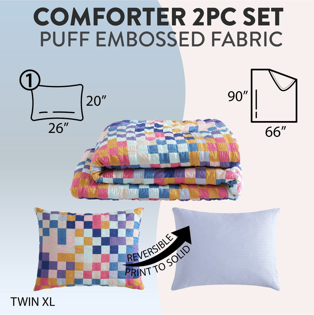Luxurious Quilted 2-Piece Textured Multi-Check Comforter Set, Twin/TwinXL - Hypoallergenic Ultra-Fluffy Quilt for Winter Detail