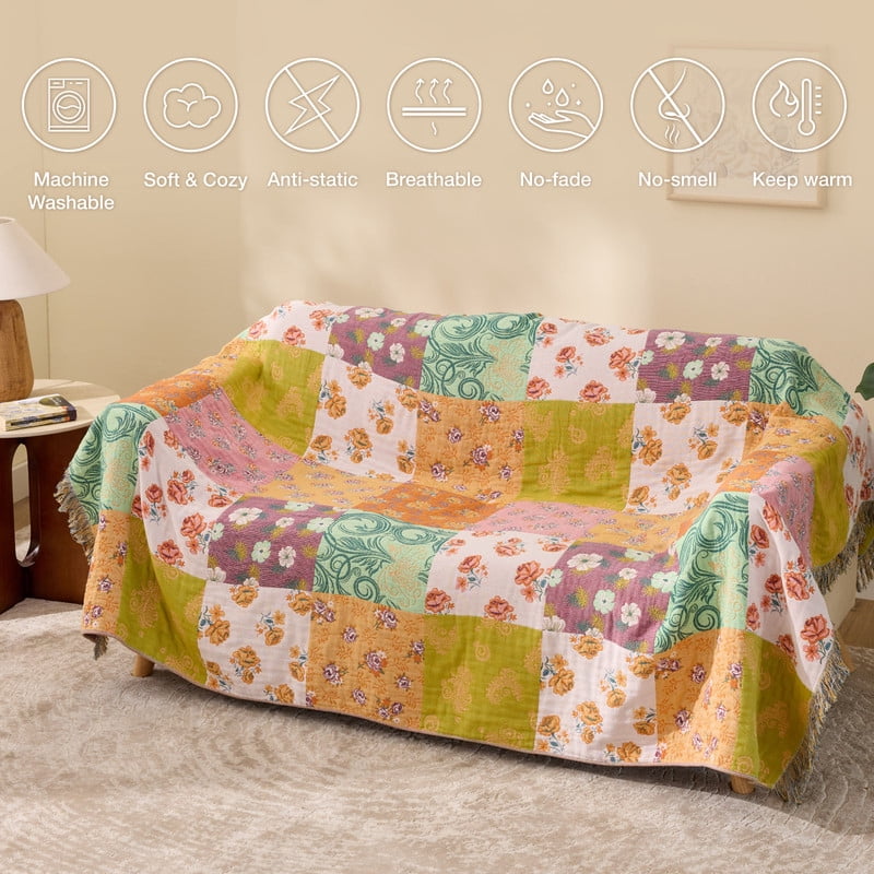 Decorative Knitted 100% Cotton Boho Blankets for Home Decor – Colorful Patchwork Reversible Farmhouse Quilt Bedding, Vintage Woven Decor... - Super Soft Reversible Sherpa Flannel Blanket Detail