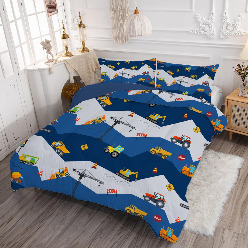 Luxurious Quilted Car Comforter Set Construction Bedding Set for Boys Kids Trucks Comforter Cartoon Car Excavator Tractor Blue 3Pcs Twin - Luxurious Quilted Duvet Cover Set Detail