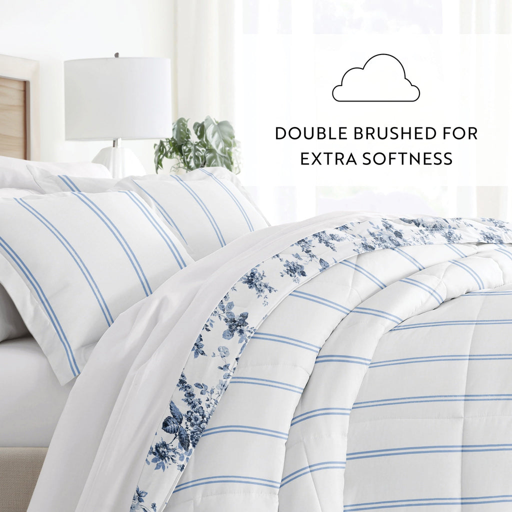 Luxurious Quilted Down Alternative Cabbage Rose Stripe Stone Reversible Comforter Set - Luxurious Quilted Duvet Cover Set Detail