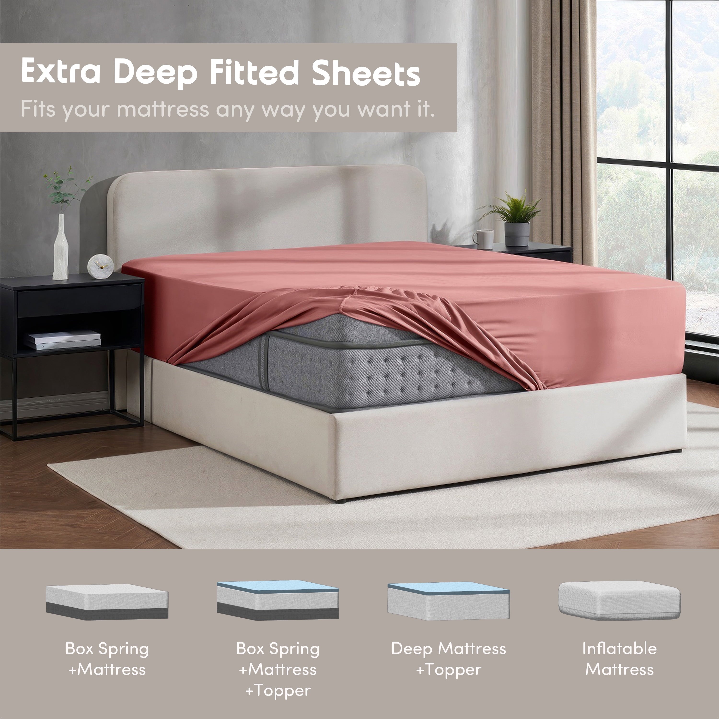 Wrinkle-Resistant Extra Deep Pocket Twin XL Fitted Sheet Only, Fits 18" to 24" Mattress, Soft Microfiber Fitted Bed Sheet, Pink Clay - Premium Ultra-Soft Pillowcase Pair for Sleeping Detail