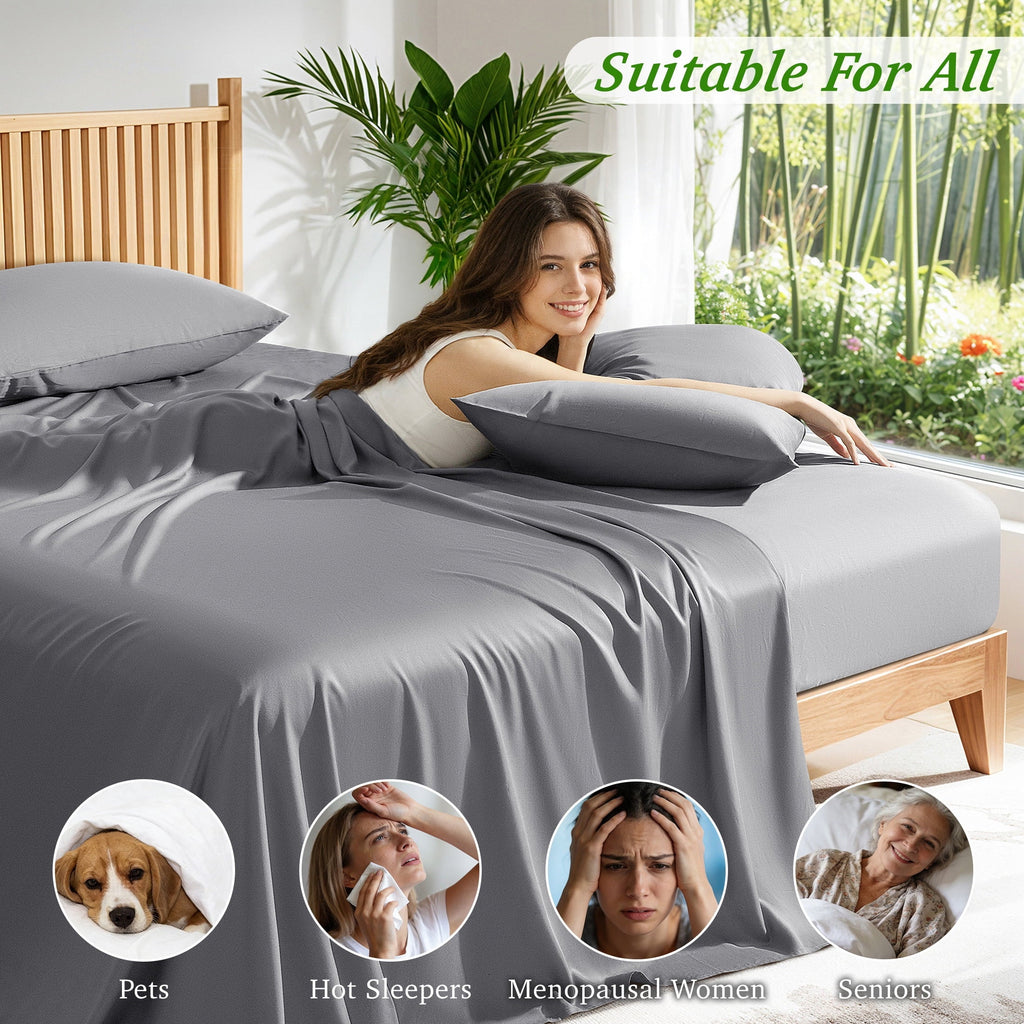 Ultra-Soft Bamboo Queen Sheet Set, Luxury Soft 4 Pieces Bed Sheets with 18" Deep Pocket, Gray - Cooling Hotel Quality Bedding Sheets and Pillowcases Detail