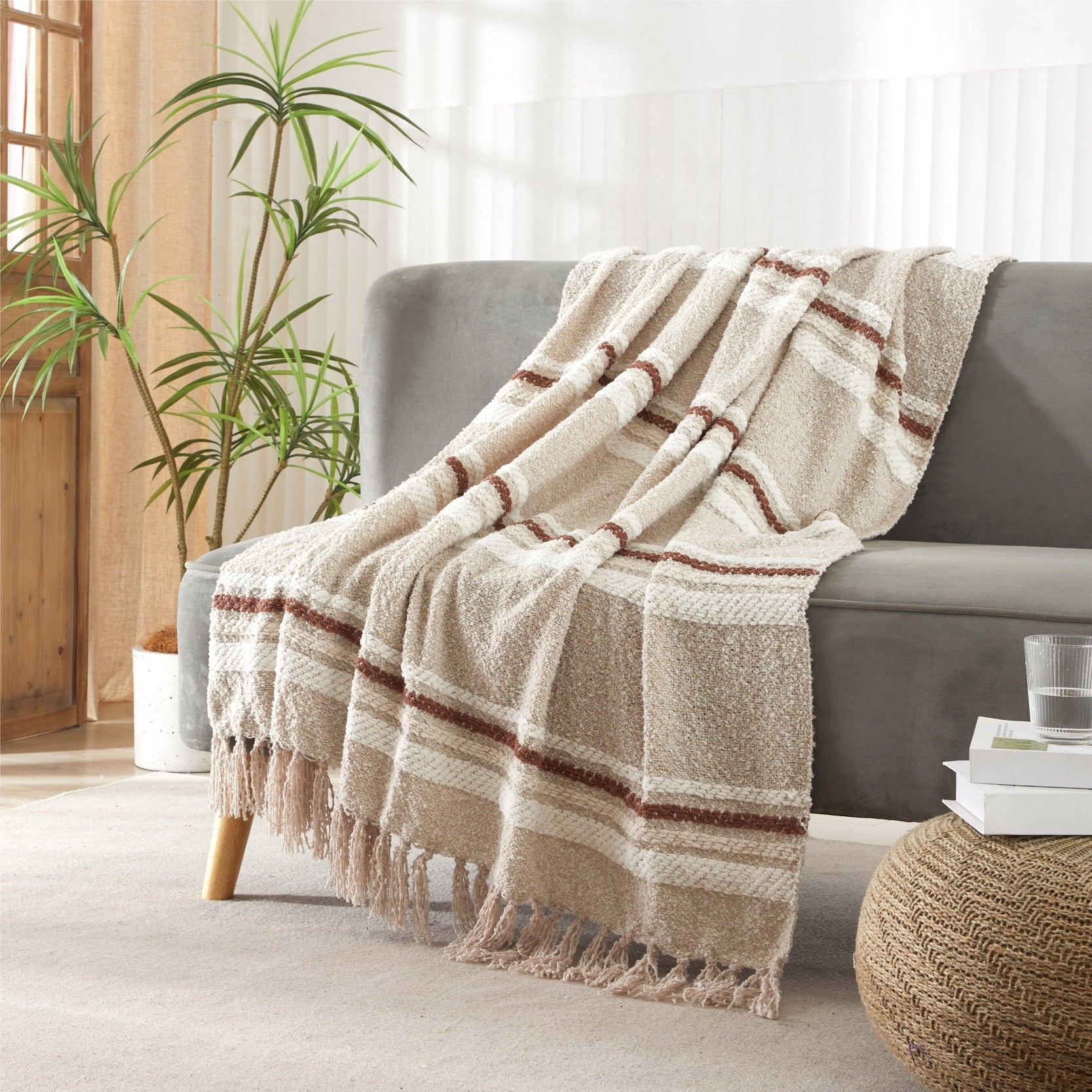 Lightweight Warm 60" x 50" Cozy Striped Porcini Chenille Throw - Luxury Knitted Decorative Throw Blanket with Fringes Detail