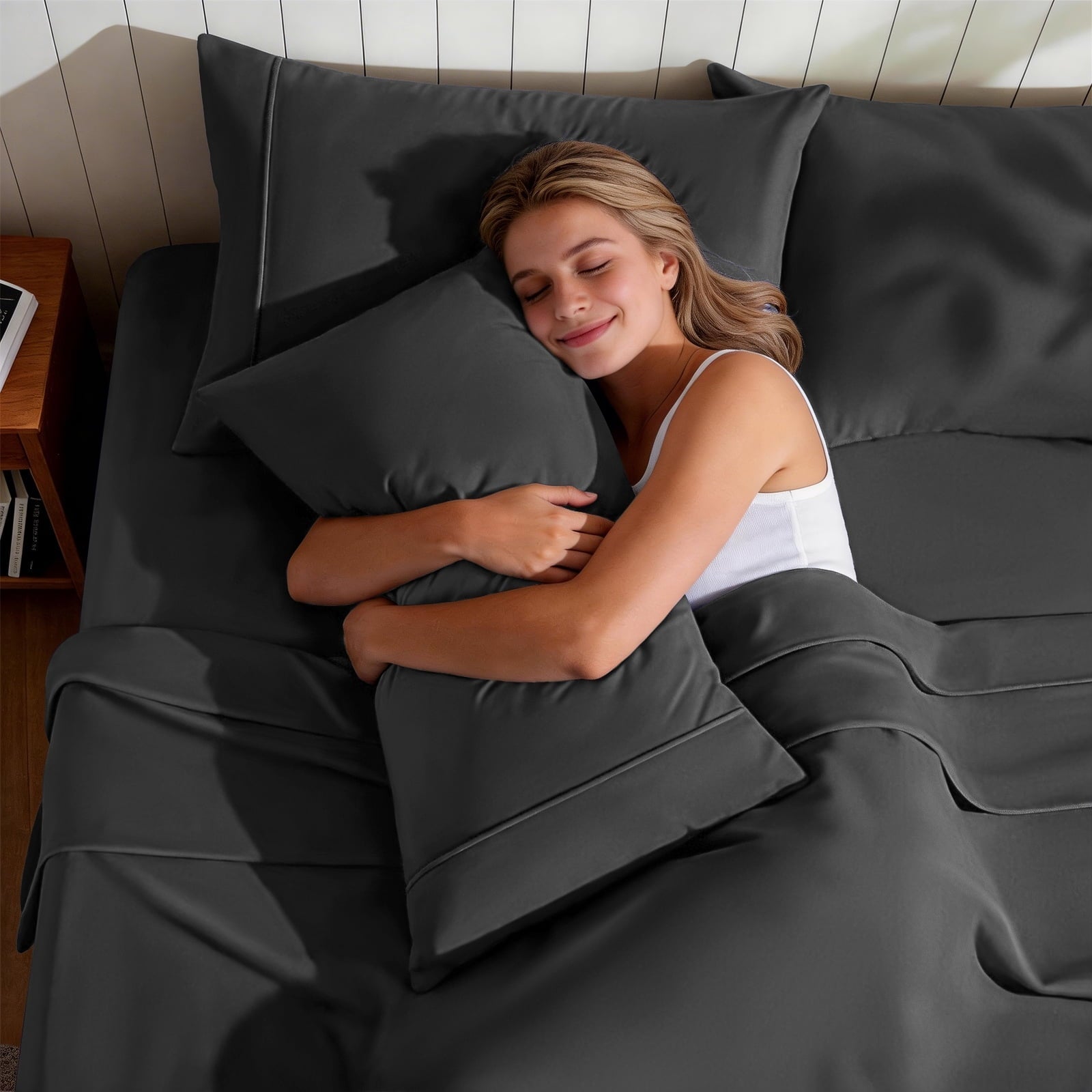Premium Egyptian Cotton Sheets,Soft Hotel Luxury Polyester Washed Cotton,4 Piece Sheets Set,with 14" Deep Pocket,Dark Gray - Luxury Bed Sheet Set with Deep Pockets Detail