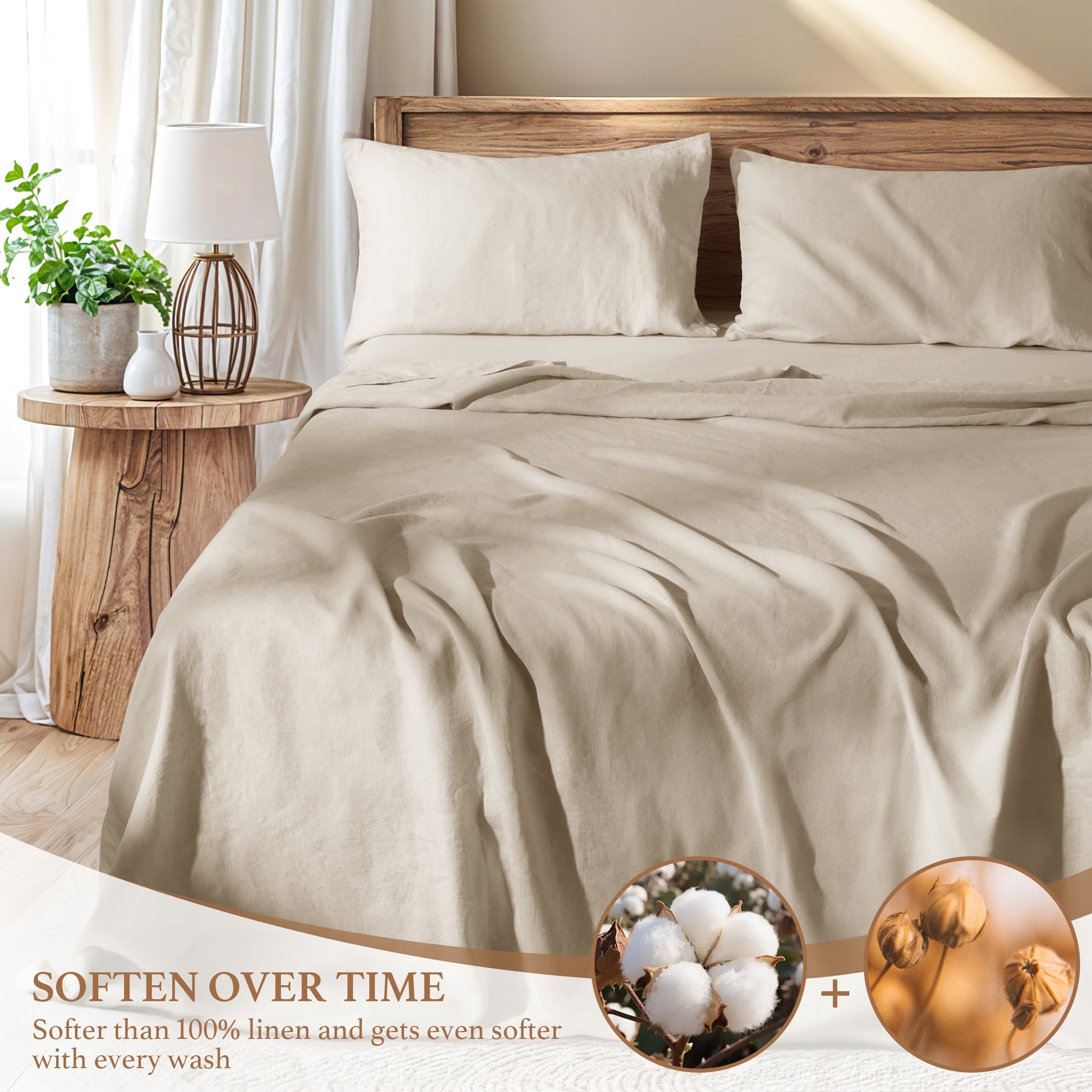 Ultra-Soft Natural Linen Cotton Bed Sheets Set, Deep Pocket - Breathable - Durable - 4 Pieces (Linen, Queen) - Cooling Hotel Quality Bedding Sheets and Pillowcases Detail