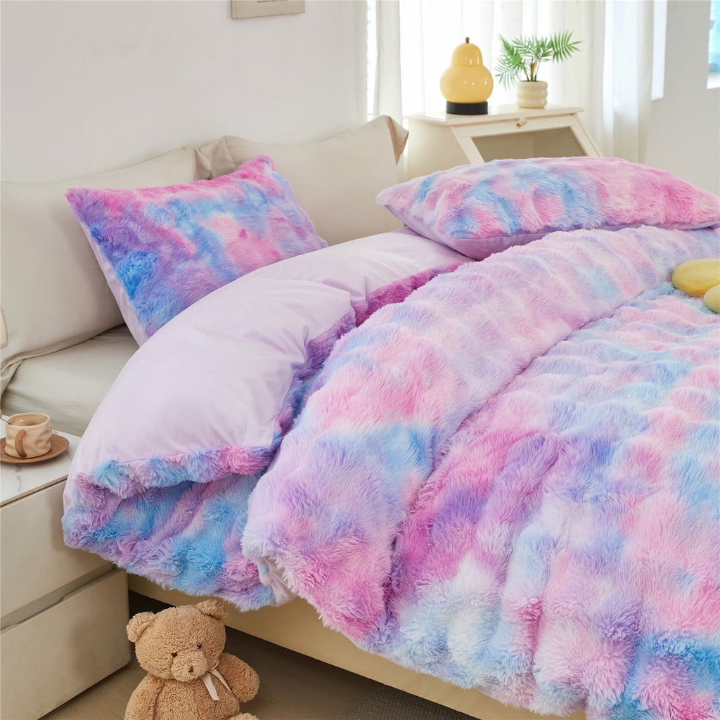 Luxurious Quilted Faux Rabbit Fur Comforter Set Twin 3Pcs Girls Blue Purple Bedding Set Tie-Dyeing Soft Bed Comforter Set Warm Fuzzy Ki... - Luxurious Quilted Duvet Cover Set Detail