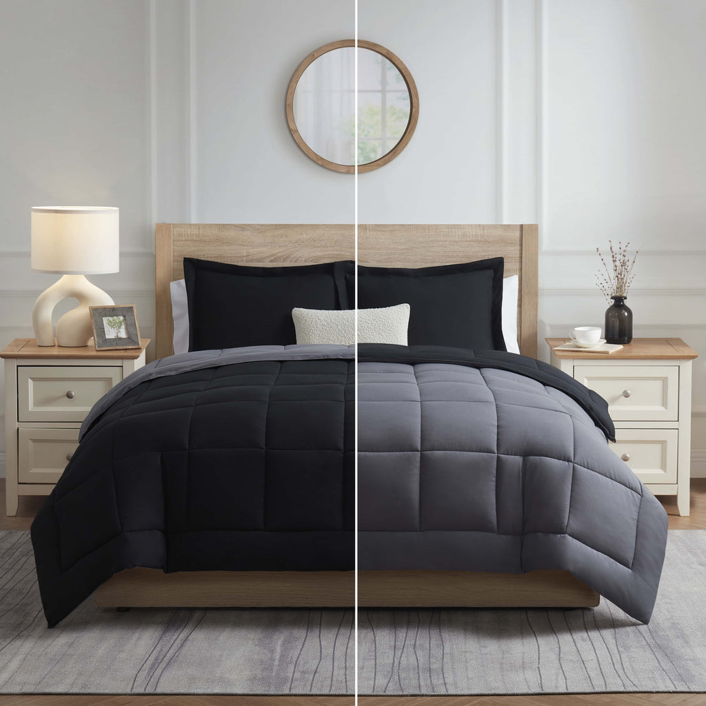 Hypoallergenic Cloud Queen Comforter Set, 3 Piece Bed in a Bag, Reversible Down Alternative Bedding Set, Black & Gray - Cloud-Like Soft Lightweight Bed Comforter Detail