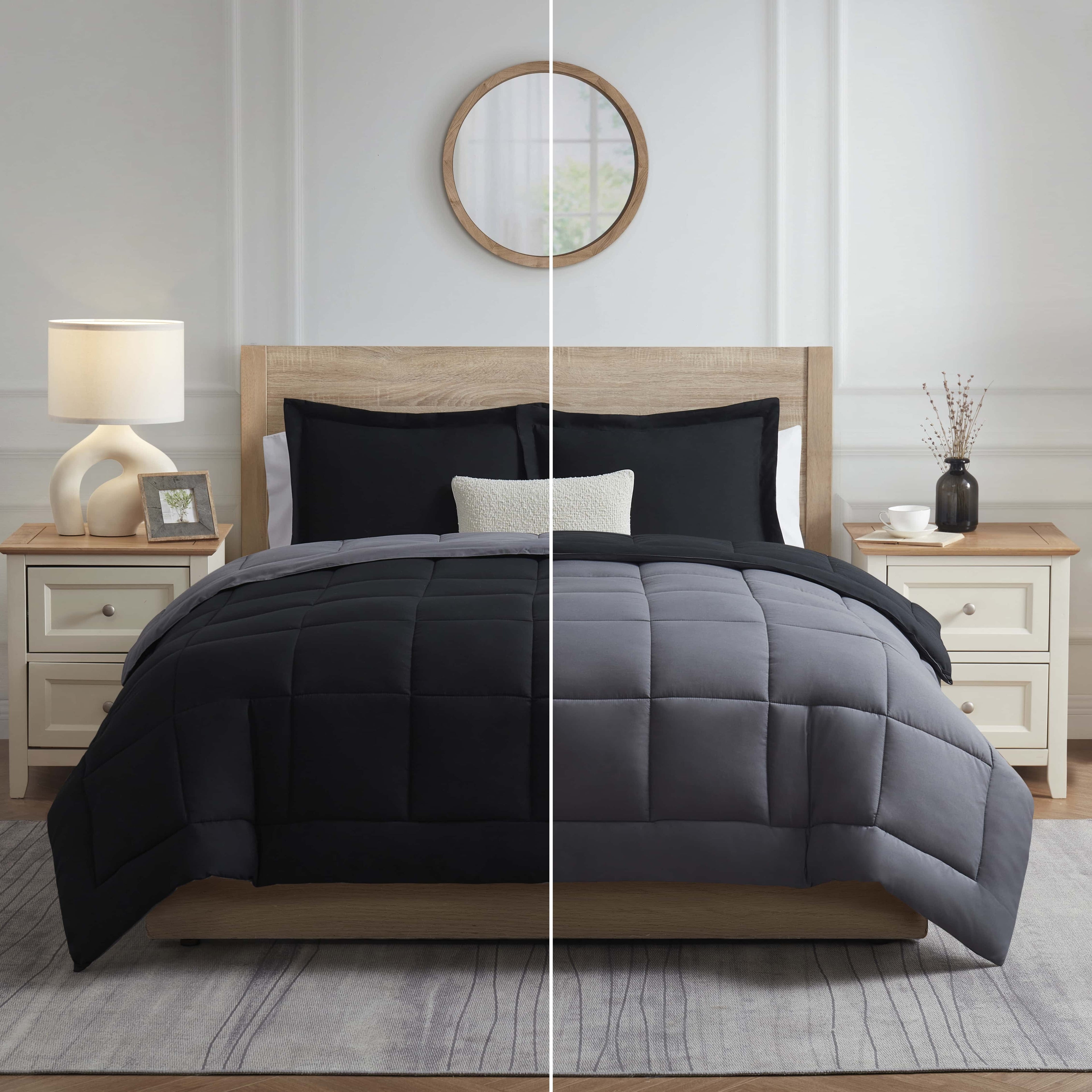 Hypoallergenic Cloud Queen Comforter Set, 3 Piece Bed in a Bag, Reversible Down Alternative Bedding Set, Black & Gray - Cloud-Like Soft Lightweight Bed Comforter Detail