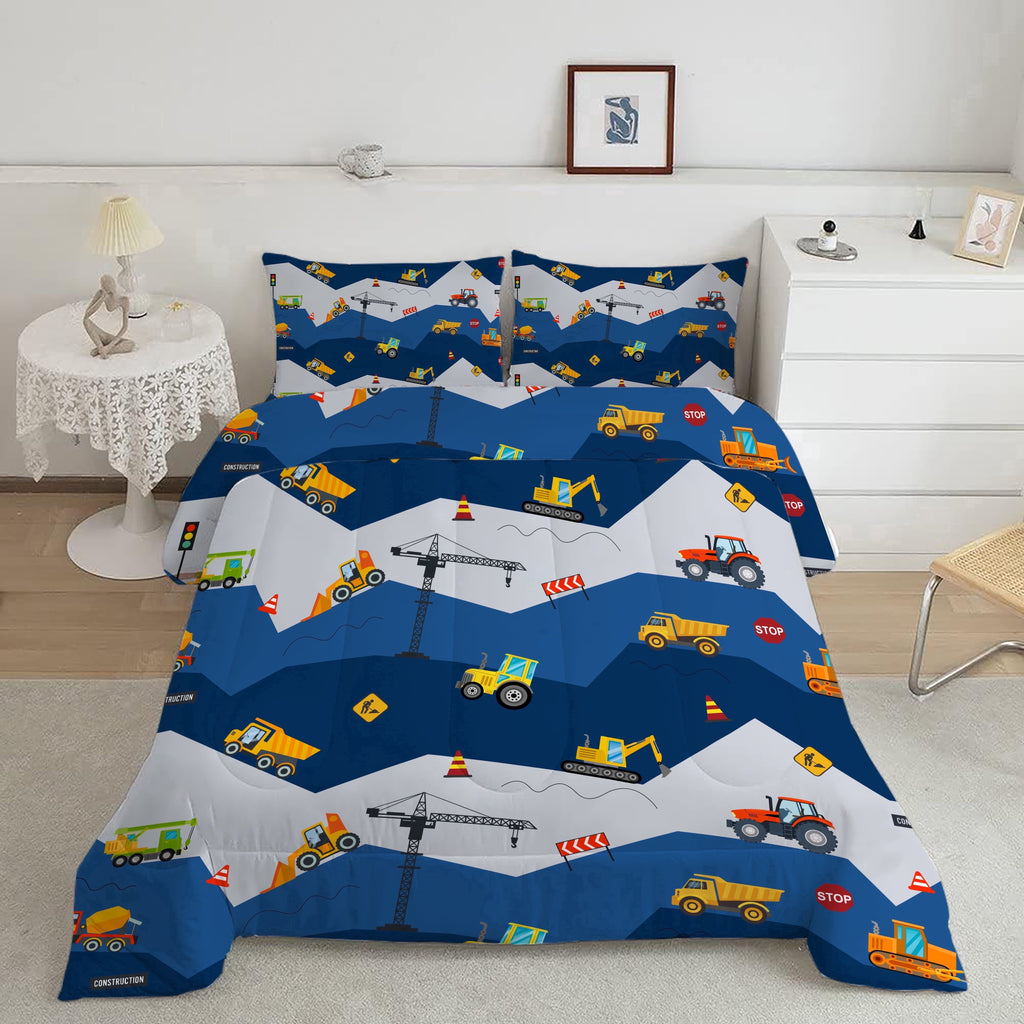 Luxurious Quilted Car Comforter Set Construction Bedding Set for Boys Kids Trucks Comforter Cartoon Car Excavator Tractor Blue 3Pcs Twin - Luxurious Quilted Duvet Cover Set Detail