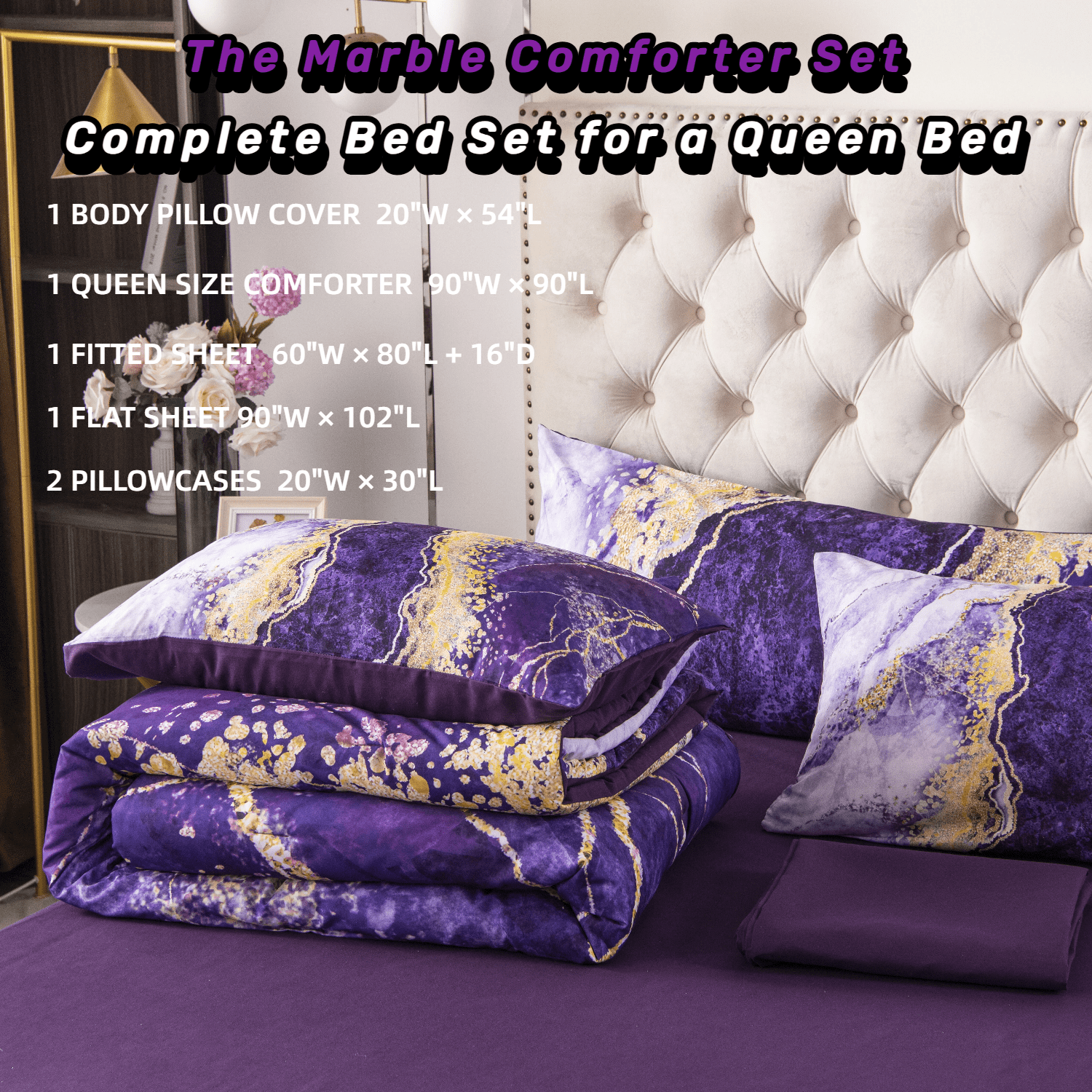 Hypoallergenic Cloud 6 Pieces Queen Size Comforter Set Purple,Watercolor Marble Colorful Purple Bedding,Ultra Soft Purple Bed Set with Com... - All-Season Down Alternative Comforter Insert Detail