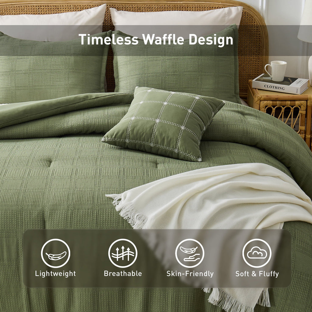 Fluffy Down Alternative Waffle Weave Comforter Set Full/Queen Size, Lightweight & Breathable Comforter Bet Set for All Season, 3-Piece Textur... - All-Season Down Alternative Comforter Insert Detail