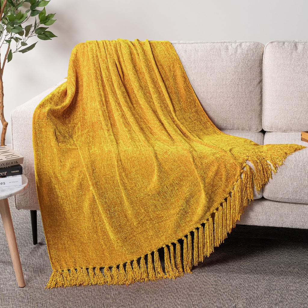 Lightweight Warm Mustard Yellow Chenille Throw Blanket for Couch, Soft Gold Knit Blanket with Tassel Fringe, Woven Chenille Knitted De... - Lightweight Plush Warm Blanket for All Seasons Detail