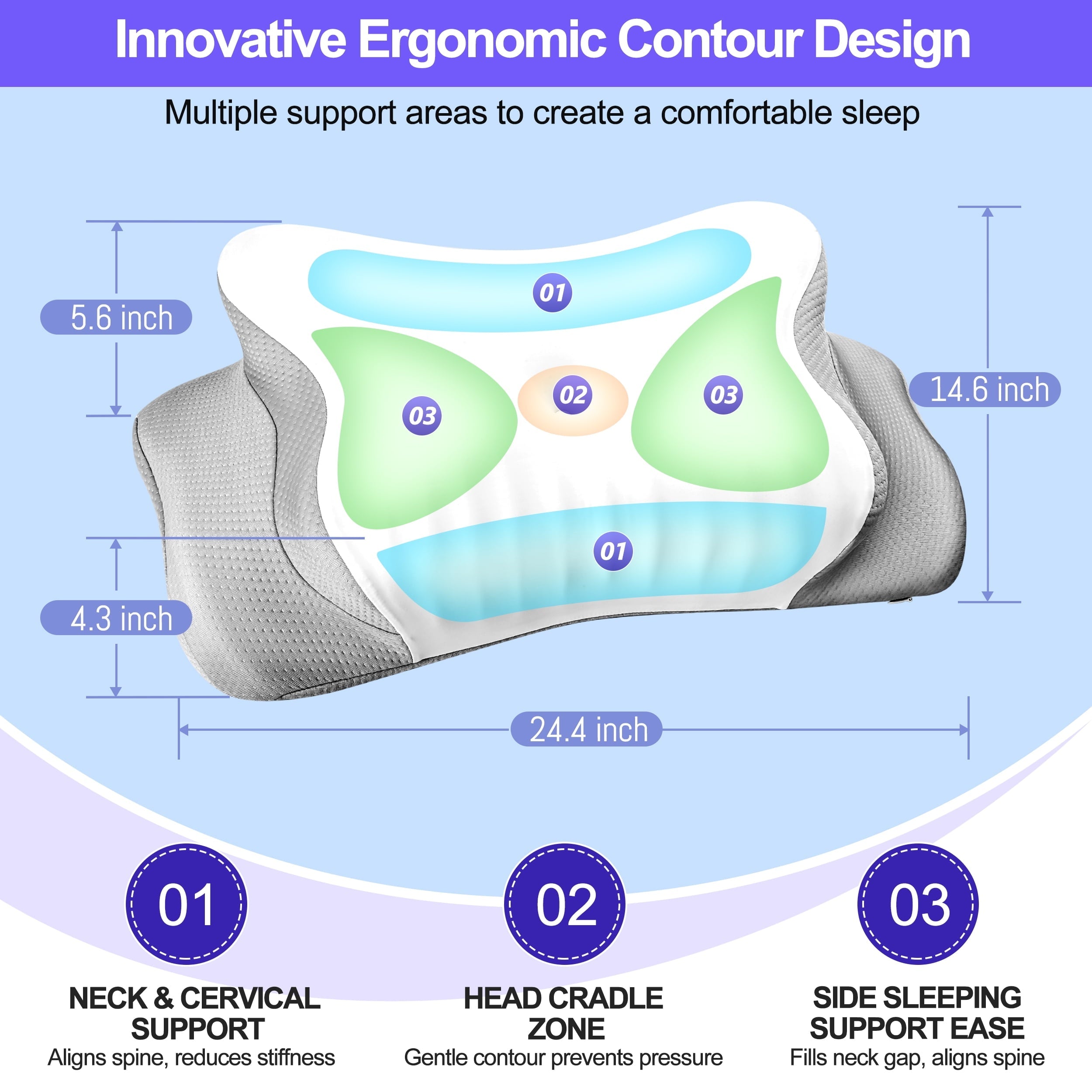 Hotel Collection Ergonomic Cervical Pillows，Memory Foam Bed Pillow for Neck & Shoulder Pain Relief for Side Back Stomach Sleepers White - Decorative Throw Pillow Cushion for Sofa & Bed Detail