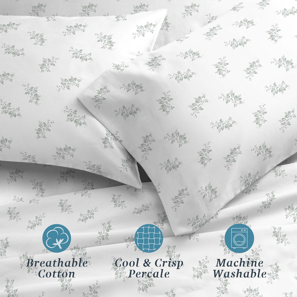 Wrinkle-Resistant 100% Cotton Percale 4-Piece Queen Size Deep Pocket Printed Bed Sheets Set, 1 Fitted, 1 Flat Sheet with 2 Pillowcases,... - Breathable Egyptian Cotton Flat & Fitted Sheets Detail