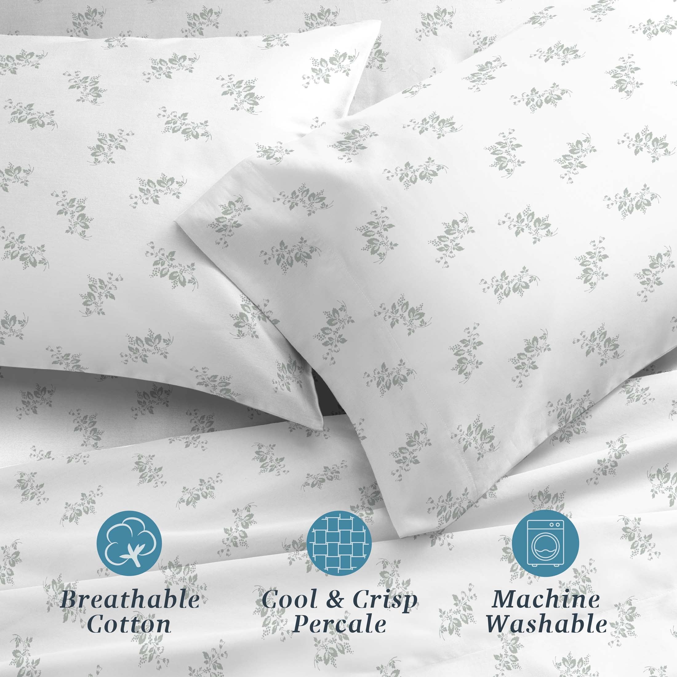 Wrinkle-Resistant 100% Cotton Percale 4-Piece Queen Size Deep Pocket Printed Bed Sheets Set, 1 Fitted, 1 Flat Sheet with 2 Pillowcases,... - Breathable Egyptian Cotton Flat & Fitted Sheets Detail