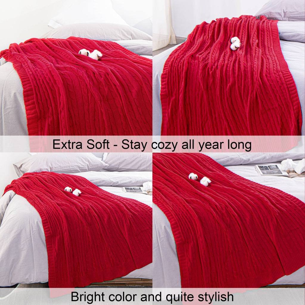 Reversible Sherpa 100% Cotton Cable Knit Throw, Super Soft Warm Knitted Blanket Home Decor, 51"x67", Red - Luxury Knitted Decorative Throw Blanket with Fringes Detail