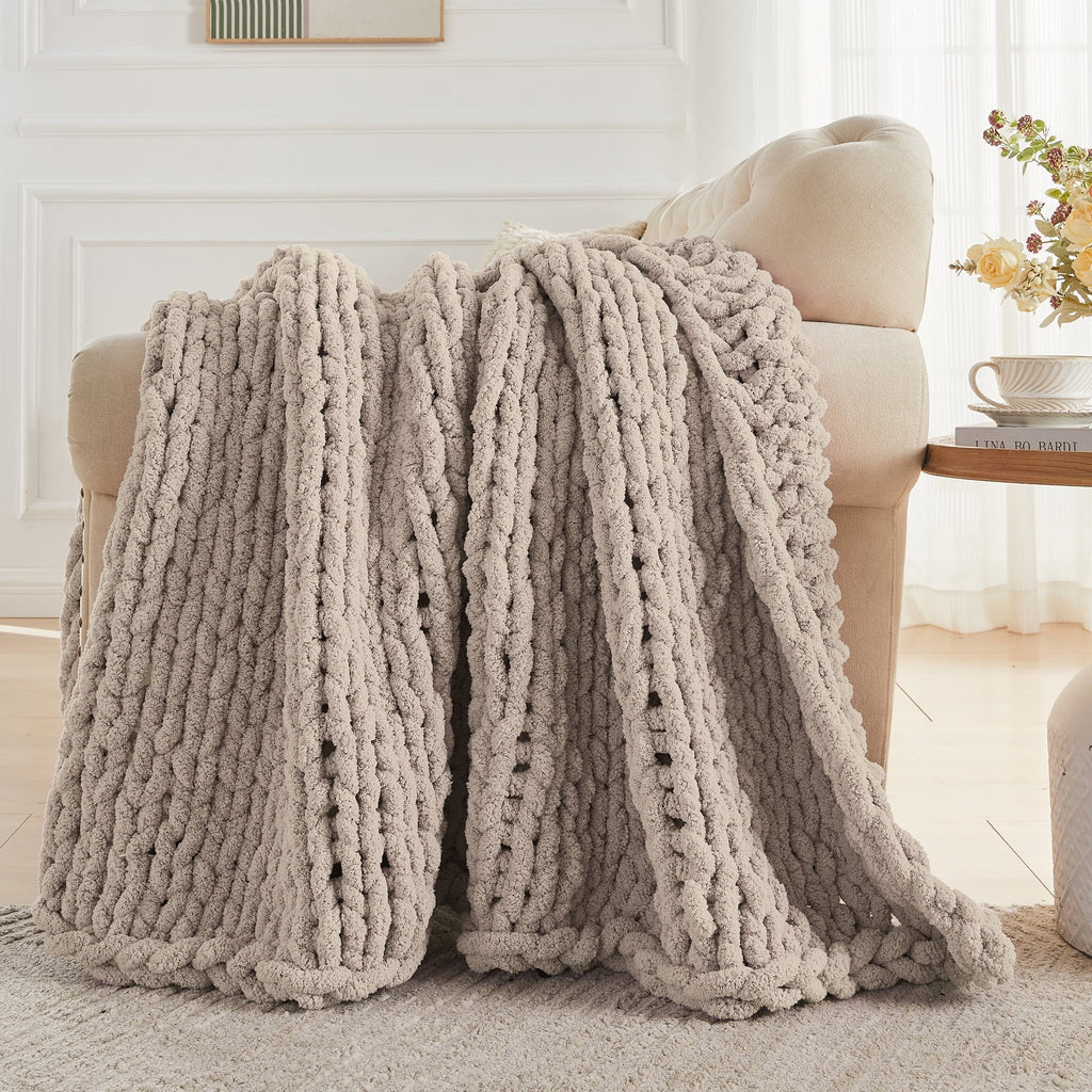 Cozy Fleece Chunky Knit Throw Blanket Handmade Soft Throws for Couch Sofa Bed, 50" x 60" Taupe - Luxury Knitted Decorative Throw Blanket with Fringes Detail
