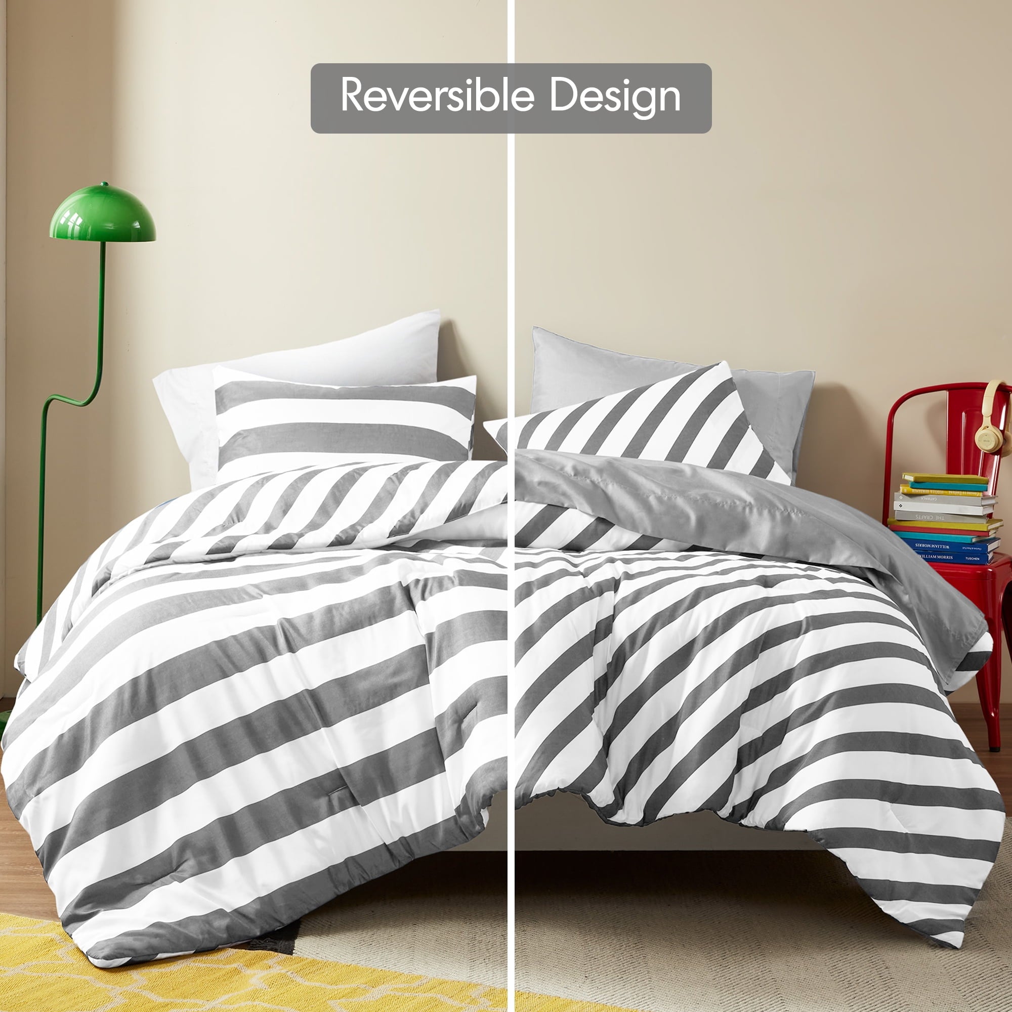 Fluffy Down Alternative Full/Queen Size Comforter Sets, 3-Piece Bedding Set Full/Queen, Reversible Striped Comforter Bed Set, Charcoal - All-Season Down Alternative Comforter Insert Detail