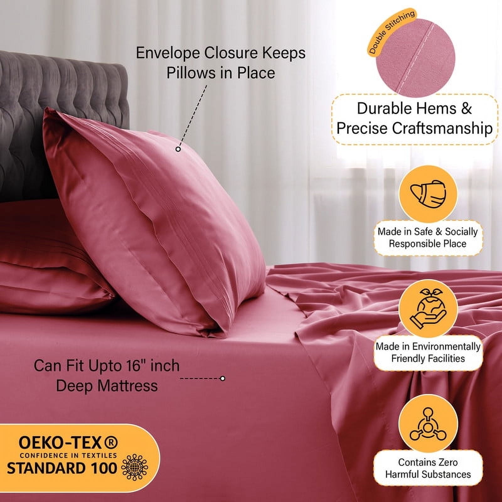 Premium Egyptian Cotton Size Sheet Set, 4-Piece Plain Soft Microfiber – Deep Pocket Bed Sheets, Includes 1 Fitted Sheet, 1 Flat Sheet, 2 Pill... - Luxury Bed Sheet Set with Deep Pockets Detail
