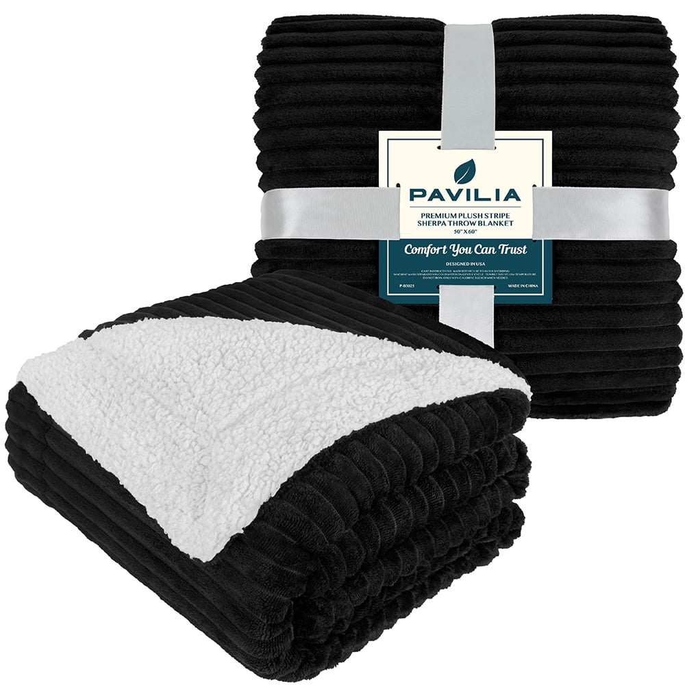Decorative Knitted Reversible Sherpa Fleece Throw Blanket Black, Plush Flannel Throw, Ultra Soft Warm Ribbed Microfiber Blanket for Sofa... - Super Soft Reversible Sherpa Flannel Blanket Detail