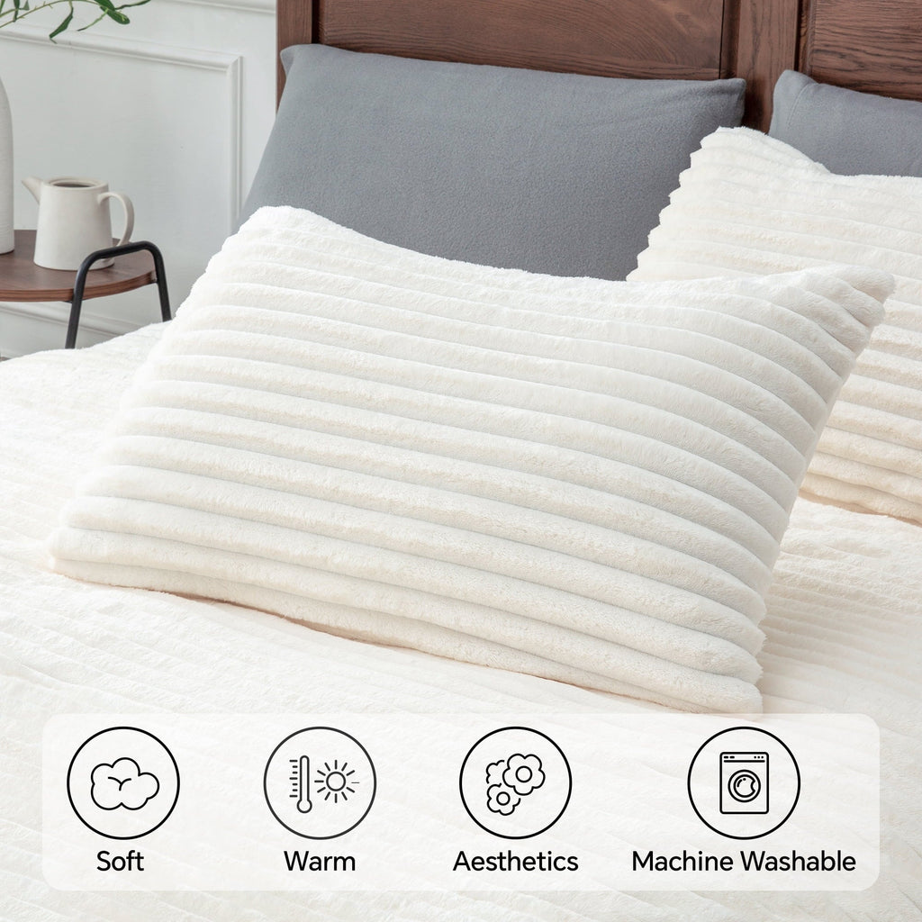 Luxurious Quilted Fleece Queen Comforter Set -Super Soft & Warm Fluffy White Bedding, Luxury Fuzzy Heavy Bed Set for Winter with 2 Pill... - All-Season Down Alternative Comforter Insert Detail