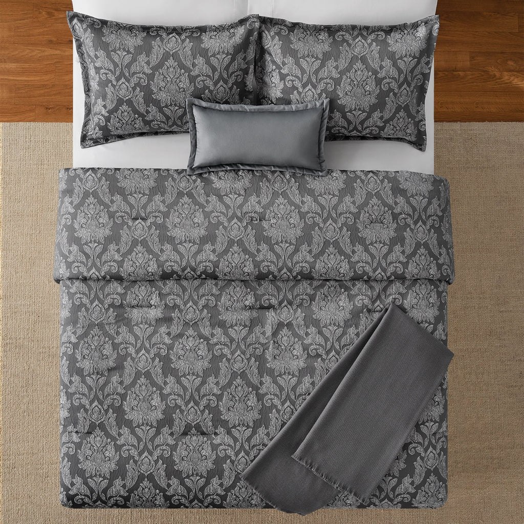 Heavyweight Warmth Full/Queen Comforter Set, All-Season, 5-Piece, Grey Jacquard Damask - All-Season Down Alternative Comforter Insert Detail
