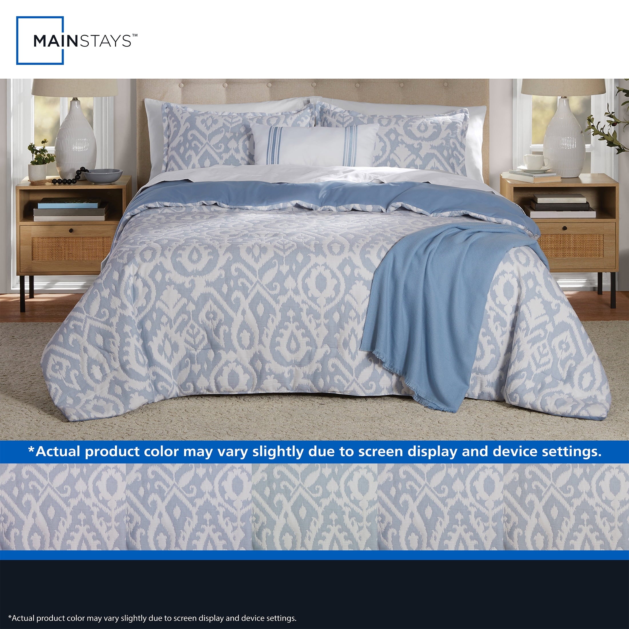 Heavyweight Warmth Full/Queen Comforter Set, All-Season, 5-Piece, Blue Matelasse Ikat - Luxurious Quilted Duvet Cover Set Detail