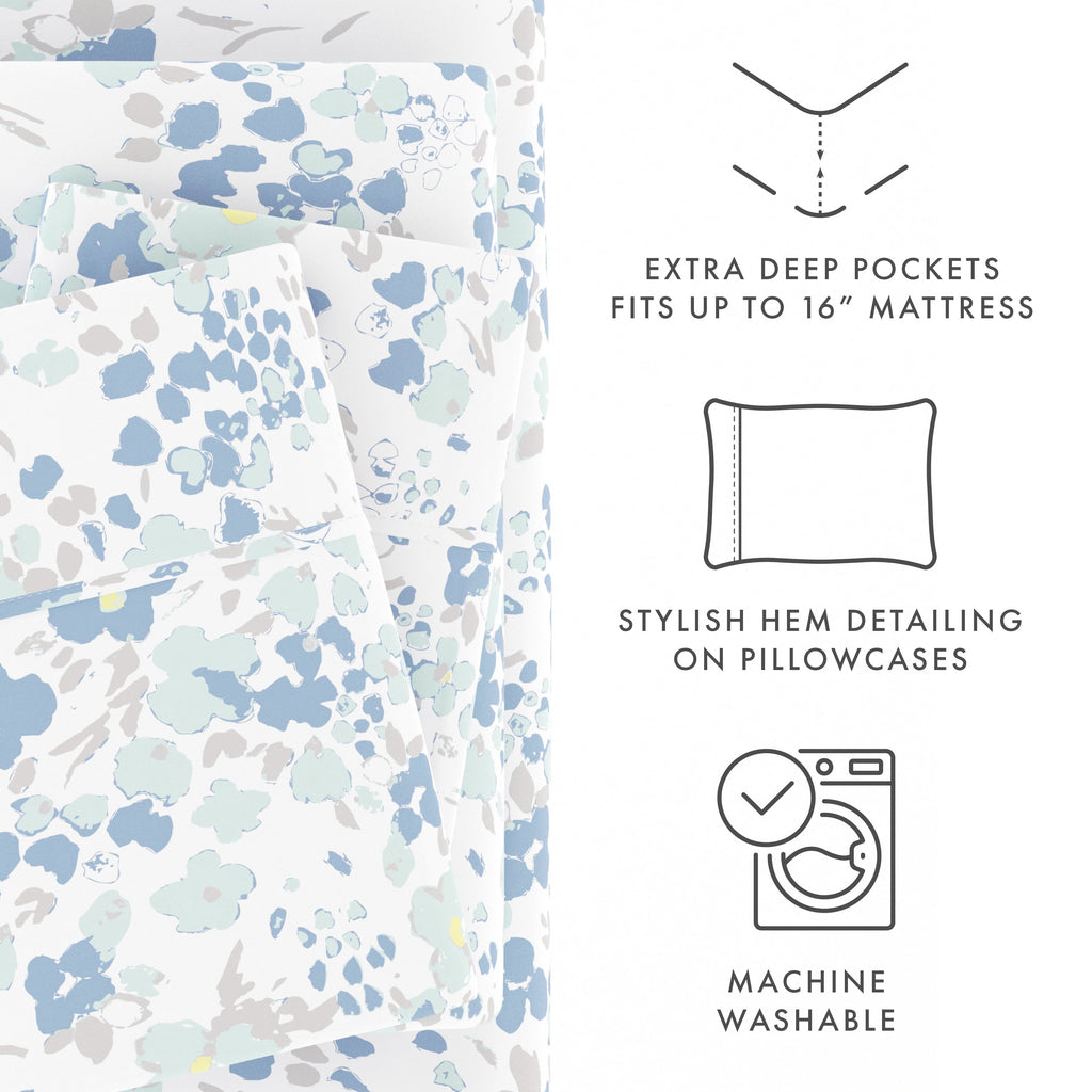 Wrinkle-Resistant 4 Piece Pattern Microfiber Bed Sheets Set, Light Blue Violets, Full - Cooling Hotel Quality Bedding Sheets and Pillowcases Detail