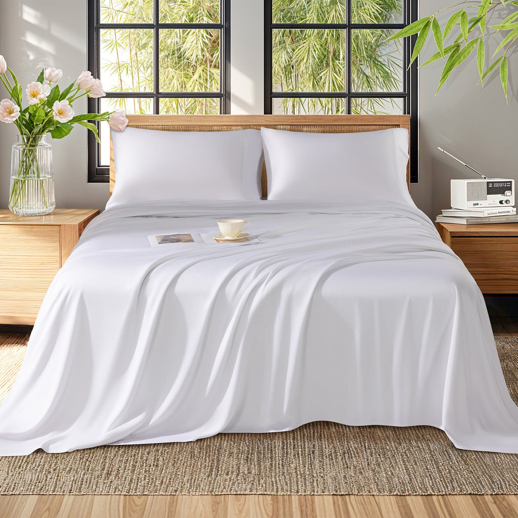 Premium Egyptian Cotton Bamboo Sheets Set, 4-Piece Queen Sheet Set with 16" Deep Pockets, Soft and Breathable Bed Sheets, White - Cooling Hotel Quality Bedding Sheets and Pillowcases Detail