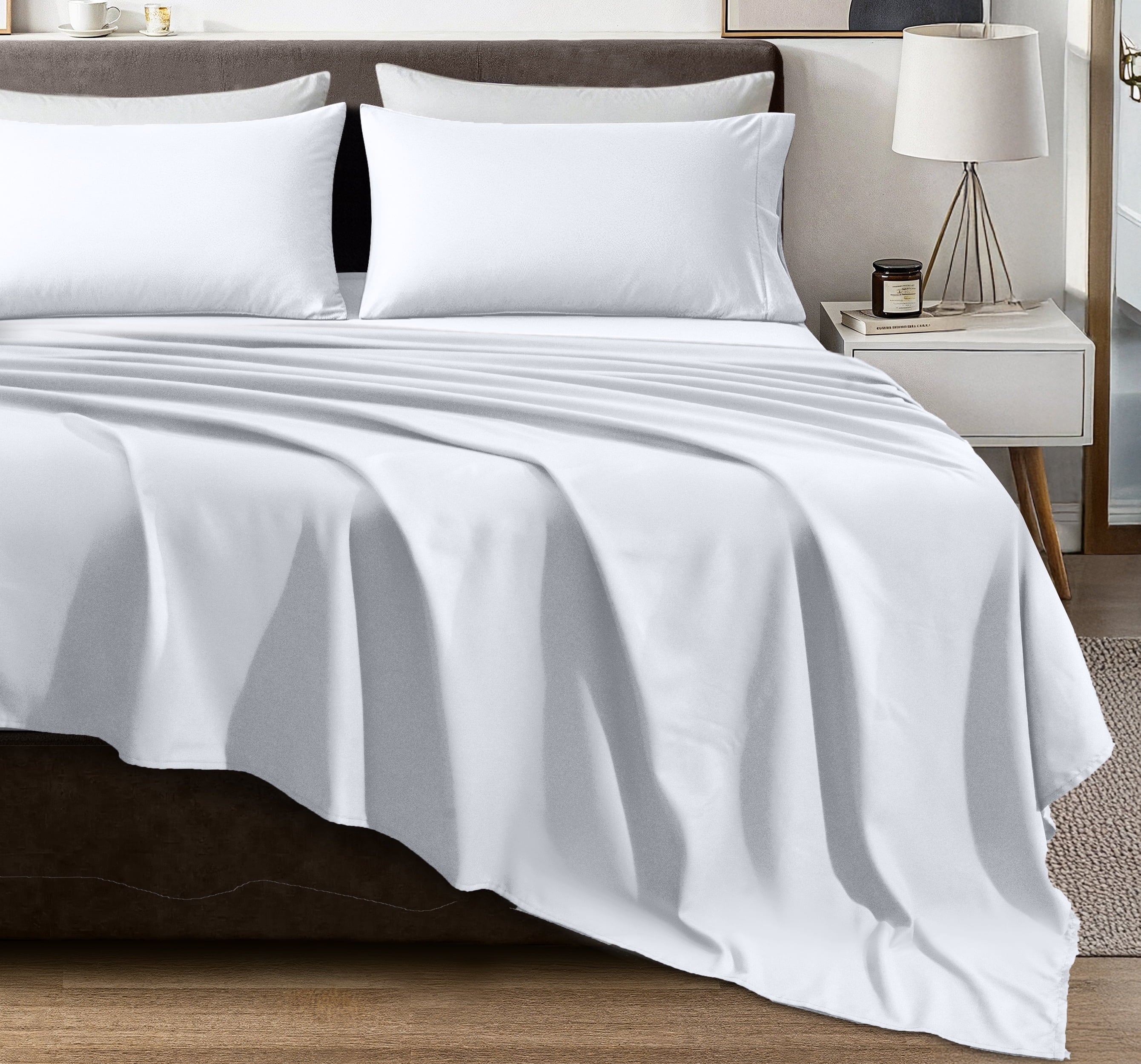 Cooling Sateen Queen Size Bed Sheet Set in Bright White – 4 Piece Microfiber Sheets, Ultra-Soft, Deep Pocket, Wrinkle-Resistant, Eas... - Cooling Hotel Quality Bedding Sheets and Pillowcases Detail