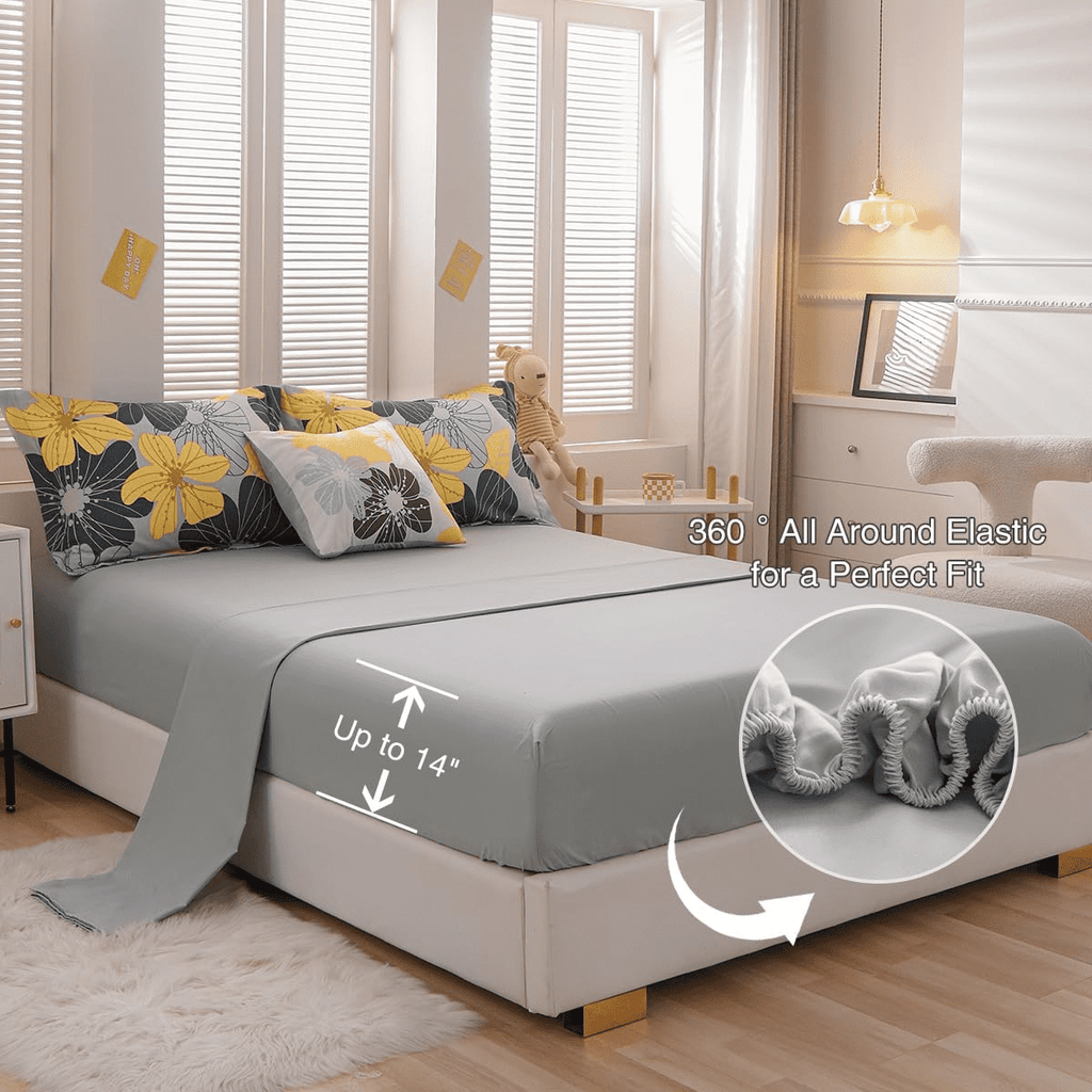 Fluffy Down Alternative Yellow Floral Comforter Set Queen Flower Bed Set Adult Soft Botanical Boho Bedding Set - Luxurious Quilted Duvet Cover Set Detail