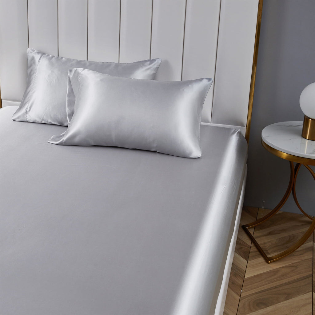 Ultra-Soft Satin Fitted Sheet King Size 14 Inch Deep Pocket Bed Sheet Silk Sheet Ultra Soft Machine Washable, Light Gray - Premium Ultra-Soft Pillowcase Pair for Sleeping Detail