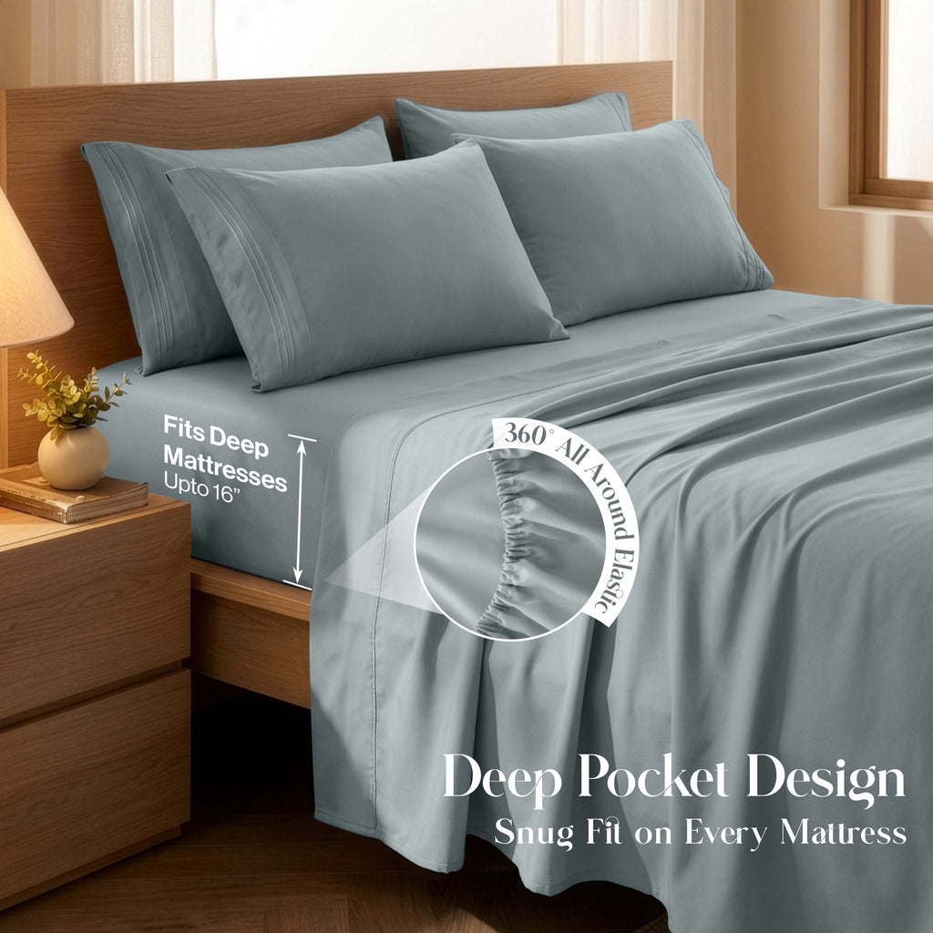 Breathable Luxury Bed Sheets - 6 Piece Ultra-Soft Microfiber Sheets Set, Deep Pocket Fitted Sheet, Flat Sheet & 4 Pillowcases, Breathab... - Cooling Hotel Quality Bedding Sheets and Pillowcases Detail