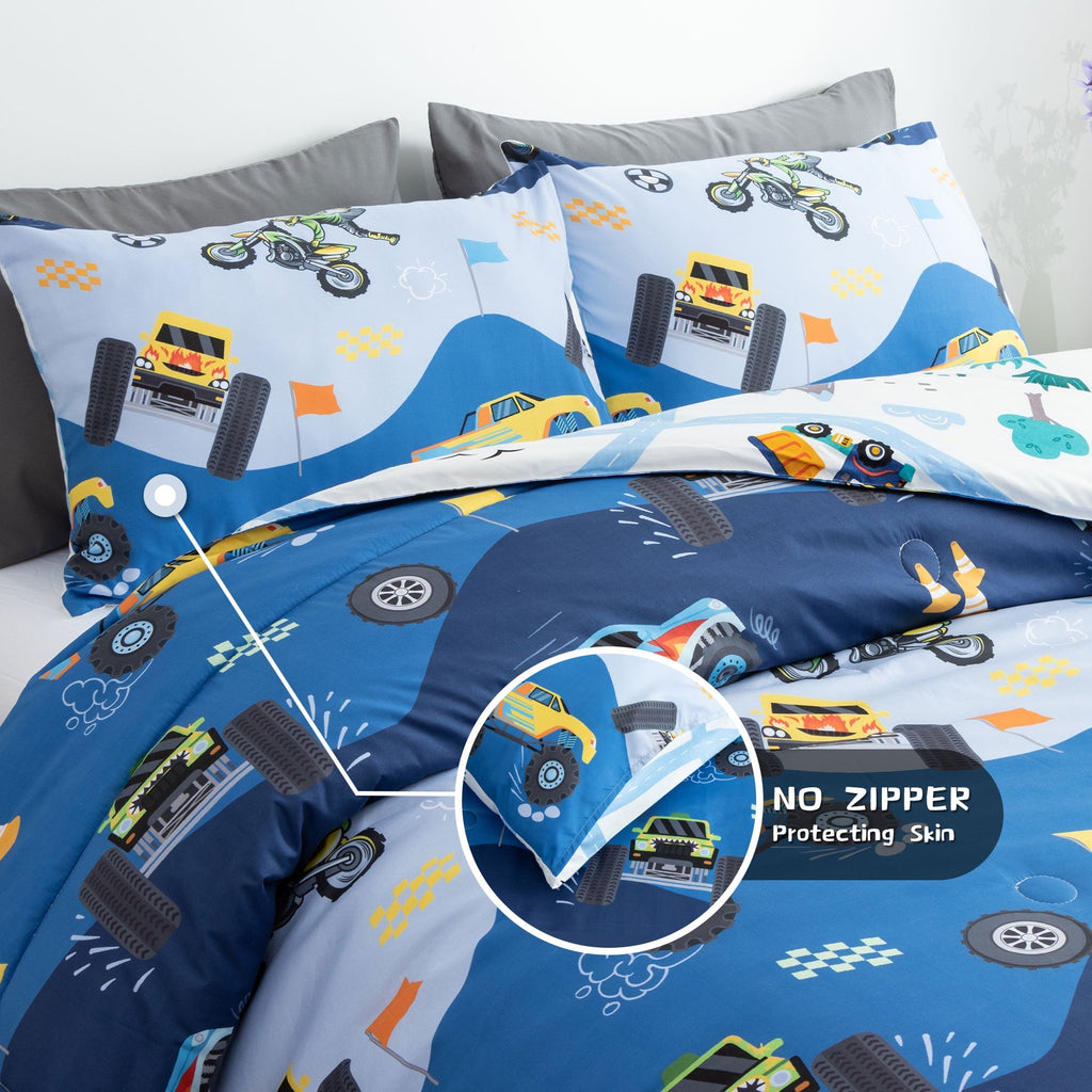 Heavyweight Warmth 3Pcs Reversible Construction Truck Twin Comforter Set for Boys Kids Excavator Vehicle Motorcycle Bedding Set Blue - All-Season Down Alternative Comforter Insert Detail