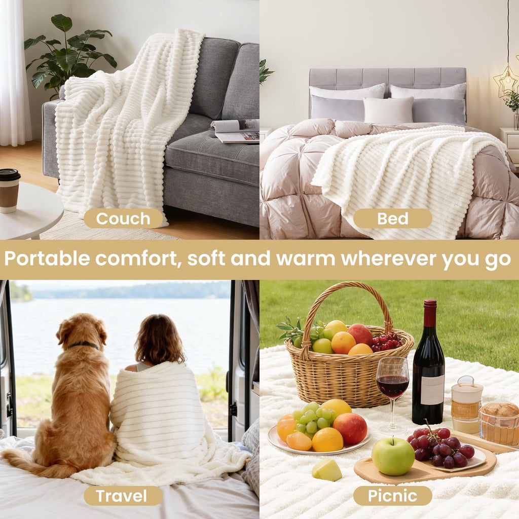 Decorative Knitted White Fleece Throw Blanket for Couch, Super Soft Cozy Blankets and Throws, Decorative Fleece Blankets for Women Men G... - Cozy Fleece Throw Blanket for Couch & Bed Detail