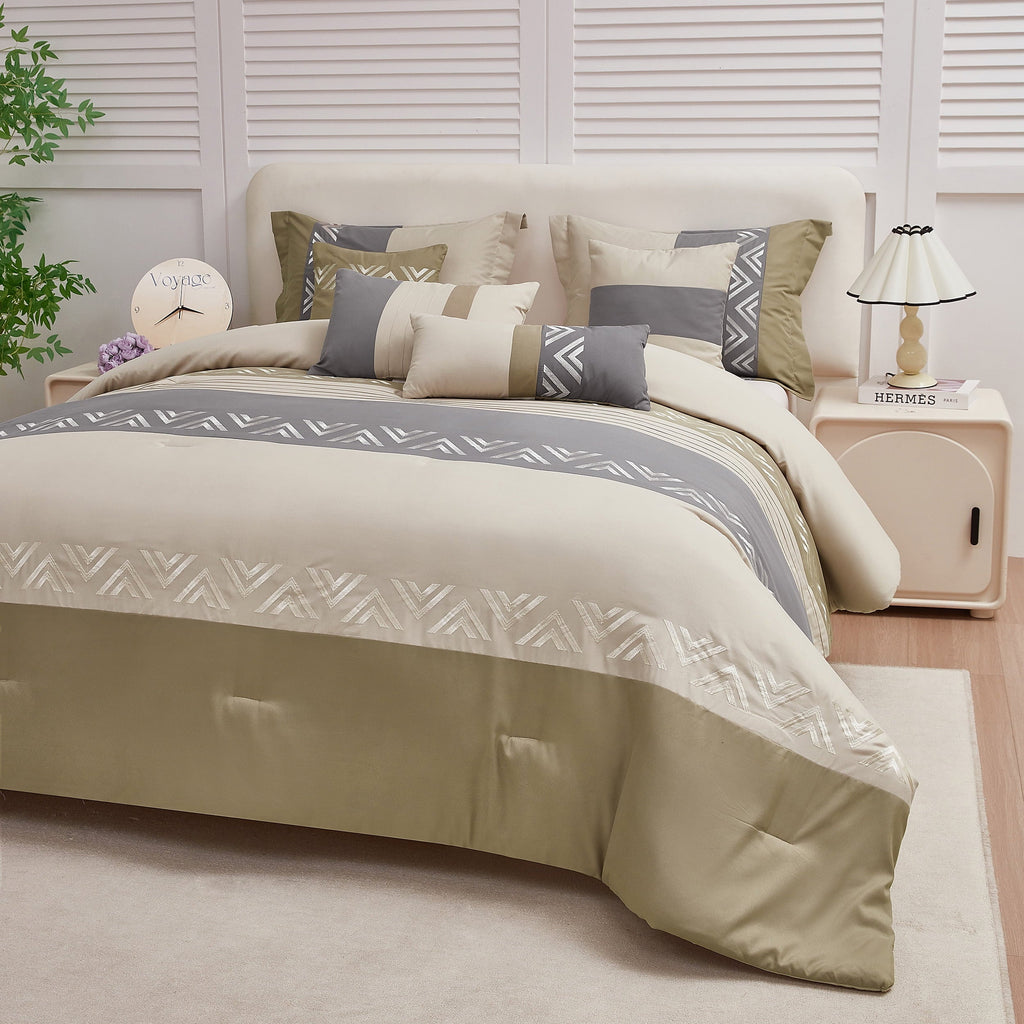 Fluffy Down Alternative 7 Piece Embroidery Design Bed-in-a-Bag, Taupe Queen Size Ultra Soft Comforter Set for Adults - Cloud-Like Soft Lightweight Bed Comforter Detail