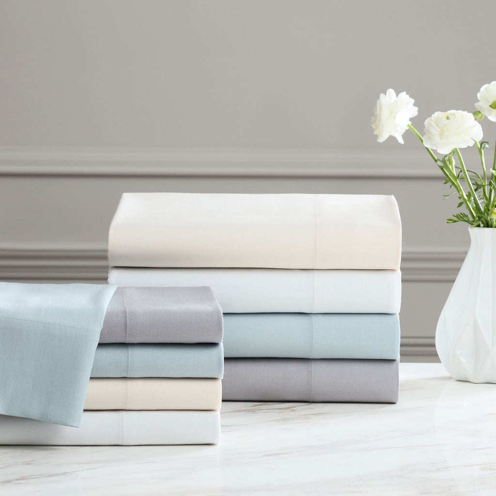 Cooling Sateen 4-Piece White Lyocell & Linen Blend Percale Bed Sheet Set, Queen - Luxury Bed Sheet Set with Deep Pockets Detail