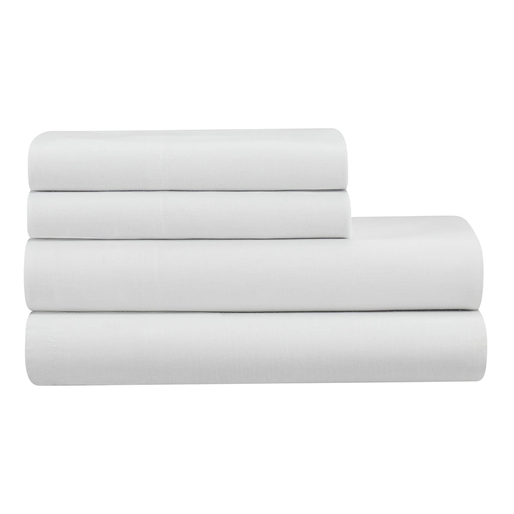 Cooling Sateen 4-Piece White Lyocell & Linen Blend Percale Bed Sheet Set, Queen - Luxury Bed Sheet Set with Deep Pockets Detail