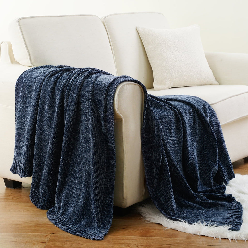 Super Soft Flannel Navy Blue Chenille Throw for Couch Bed,Soft Navy Knit Blanket, Housewarming Gifts, 51"x 67" - Super Soft Reversible Sherpa Flannel Blanket Detail