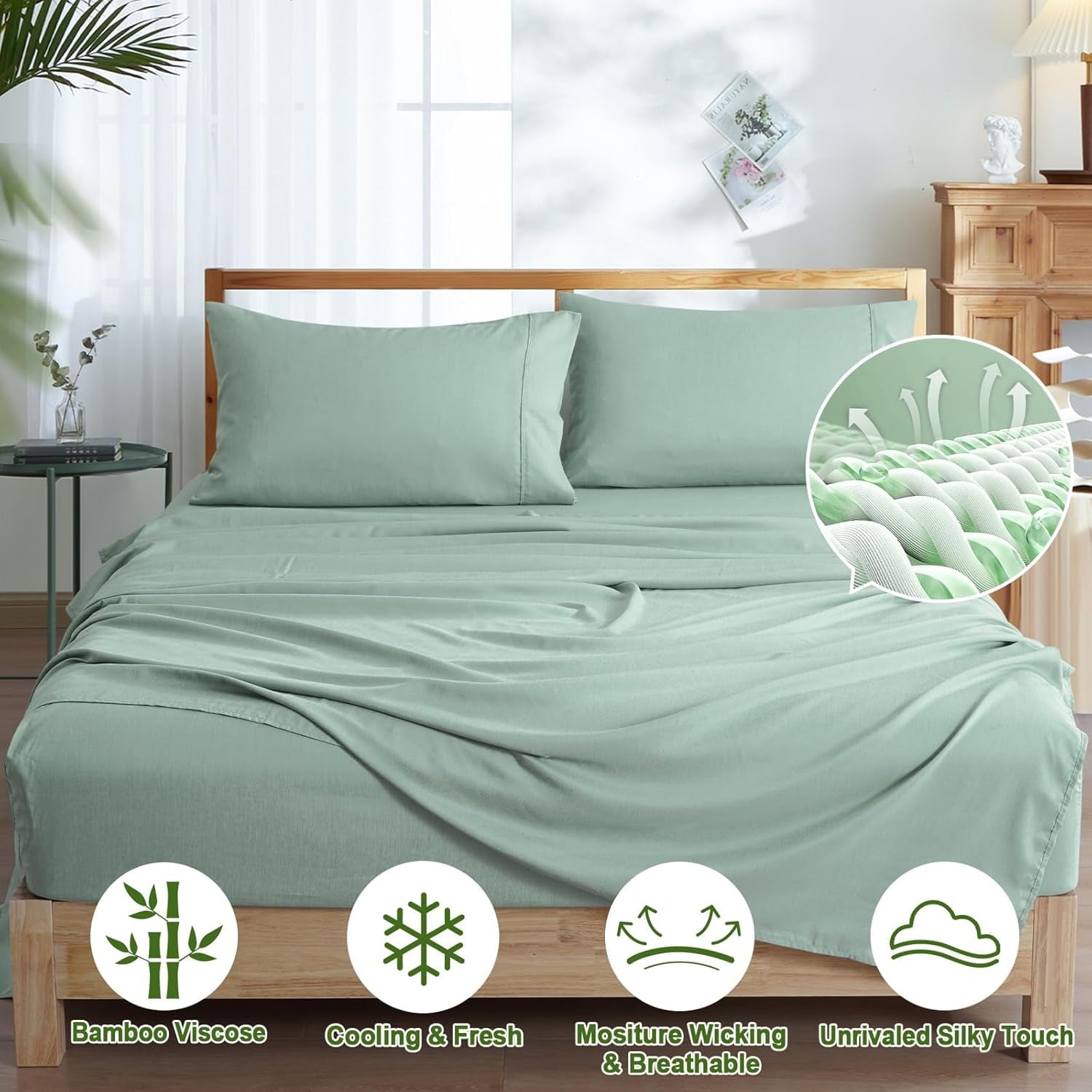 Wrinkle-Resistant Bamboo Bed Sheet Sets, 4 Pieces King Silky Soft Bedding Sheets, 1800 Thread Count 16 Inch Deep Pockets, Sage Green - Luxury Bed Sheet Set with Deep Pockets Detail