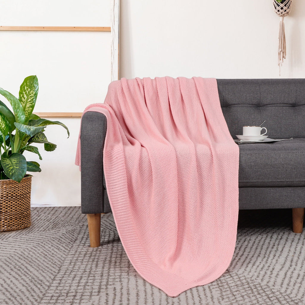 Decorative Knitted Pure Cotton Soft Cable Knit Throw Blanket Pink 50" x 70" - Cozy Fleece Throw Blanket for Couch & Bed Detail