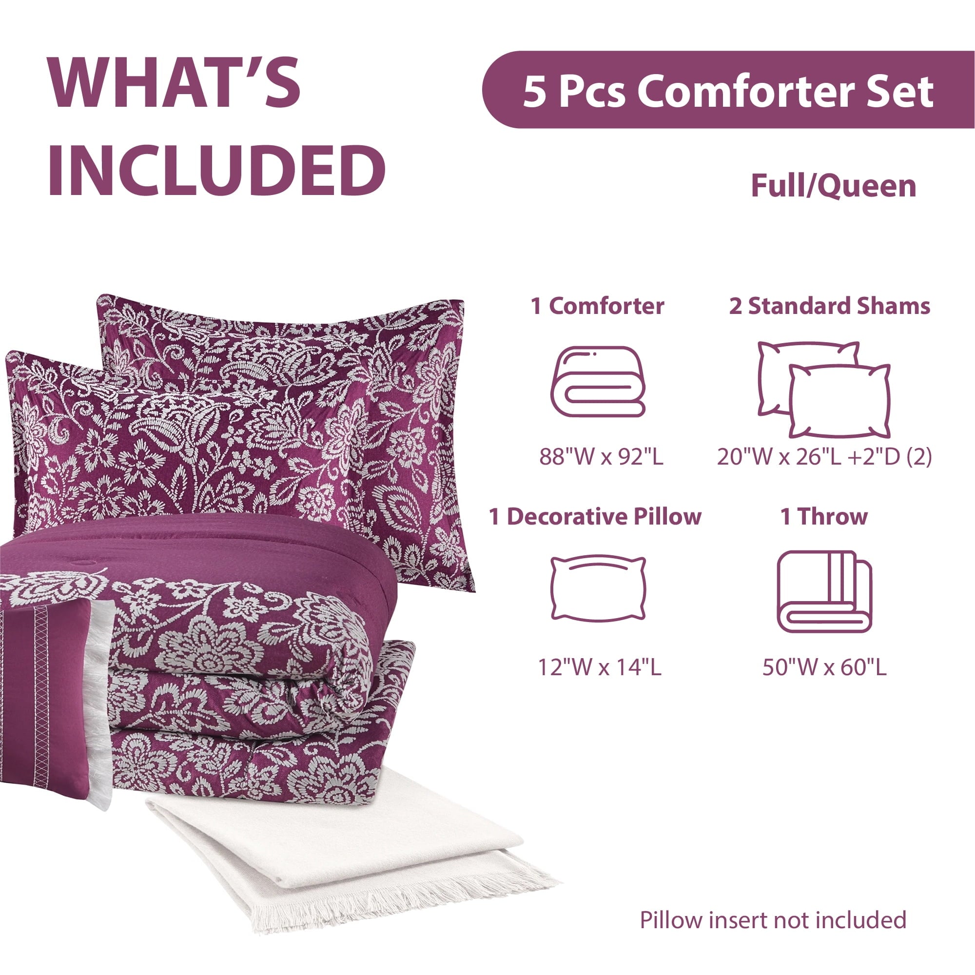 Hypoallergenic Cloud 5-Piece Jacquard Comforter Set with Decor Pillow and Throw Purple Flocking Embroidery Bedding Set, Full/Queen - Luxurious Quilted Duvet Cover Set Detail