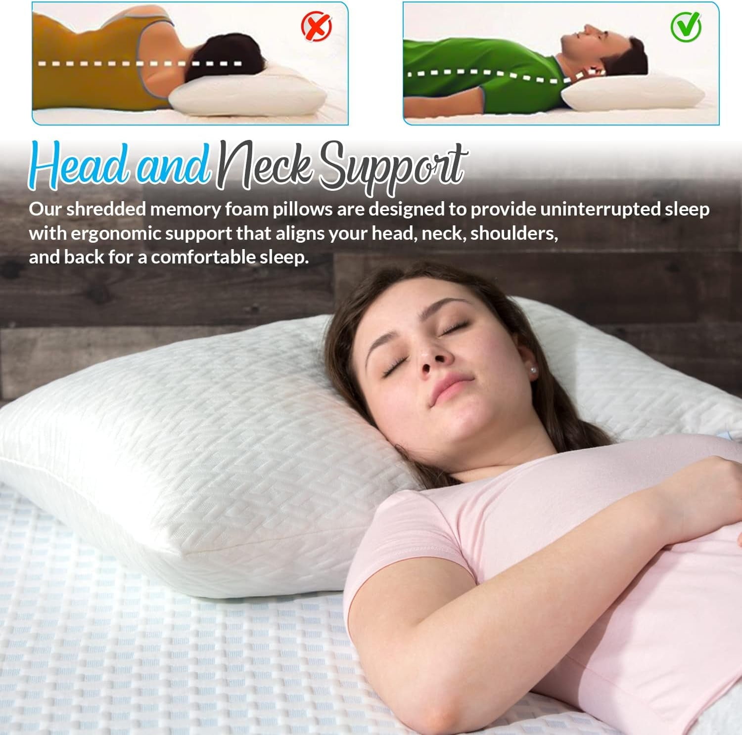 Ergonomic Memory Foam King Size Bamboo Pillow, Memory Foam Bed Pillows with Washable Pillowcases, King (1 Pack) - Decorative Throw Pillow Cushion for Sofa & Bed Detail