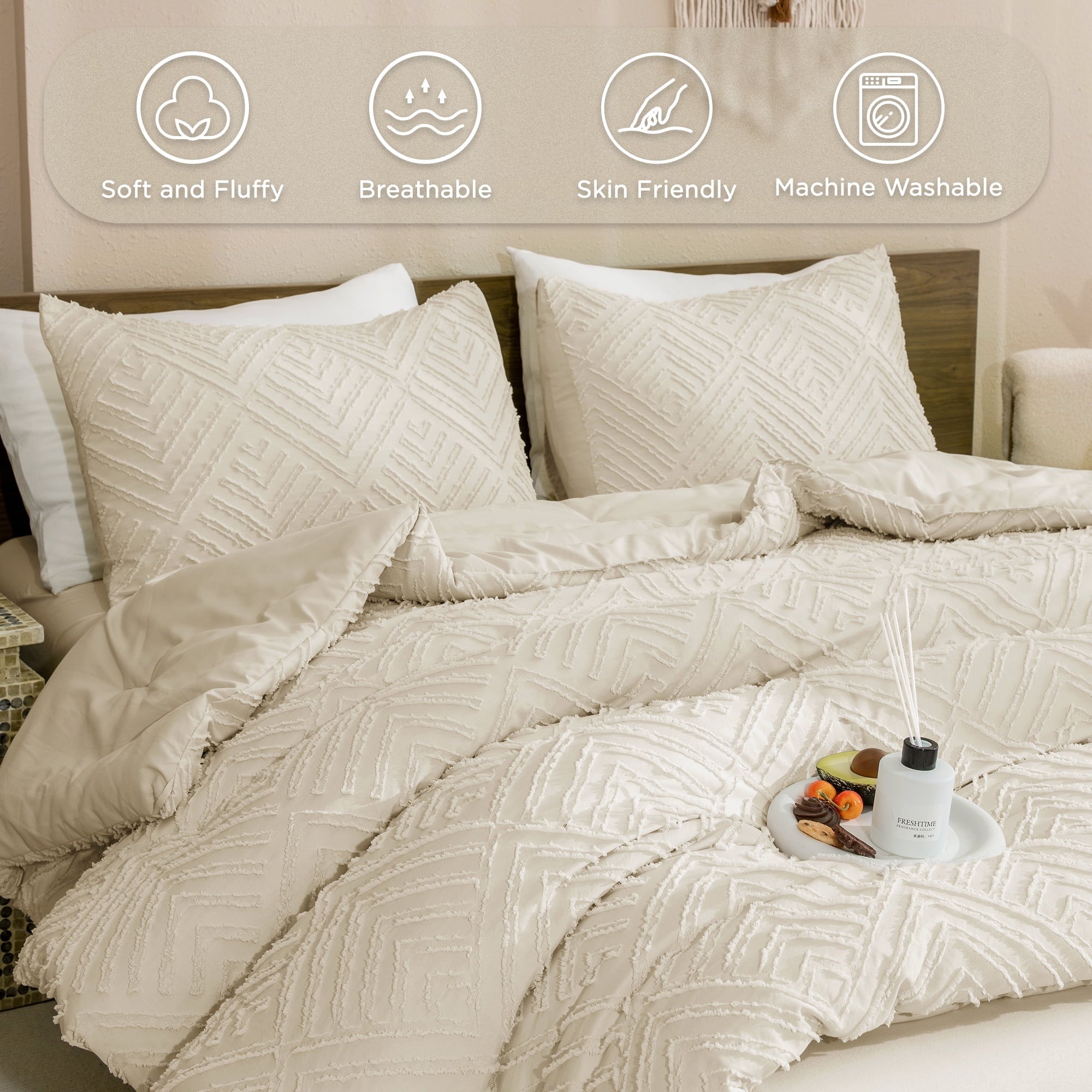 Hypoallergenic Cloud King Size Comforter Sets Beige - 3 Pieces Cream Boho Bedding Comforter Set for King Bed - Soft Fluffy Tufted Textured... - Hypoallergenic Ultra-Fluffy Quilt for Winter Detail